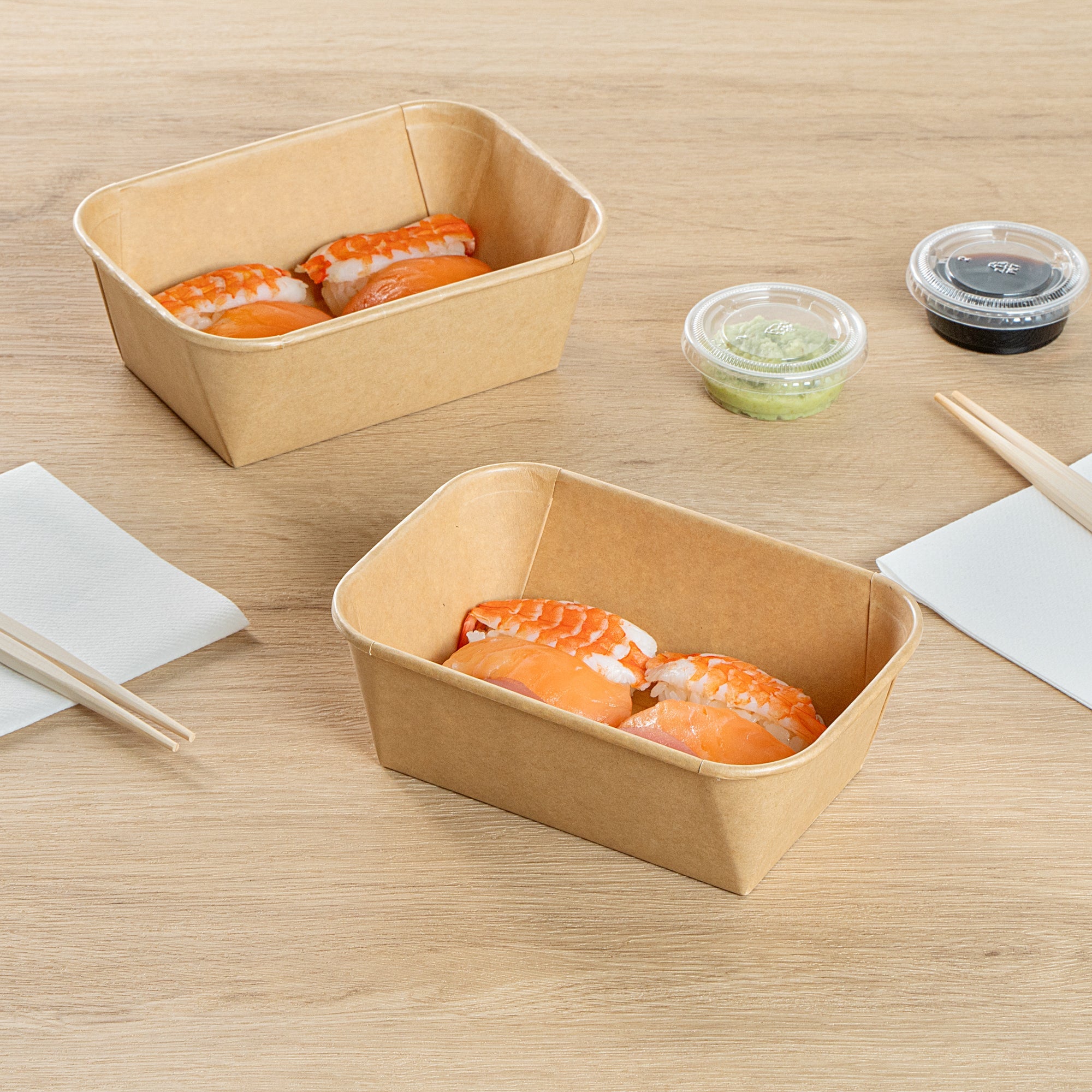 Matsuri Vision 26 oz Rectangle Kraft Paper Sushi Container - 6 1/2" x 4 3/4" x 2 1/4" - 100 count box