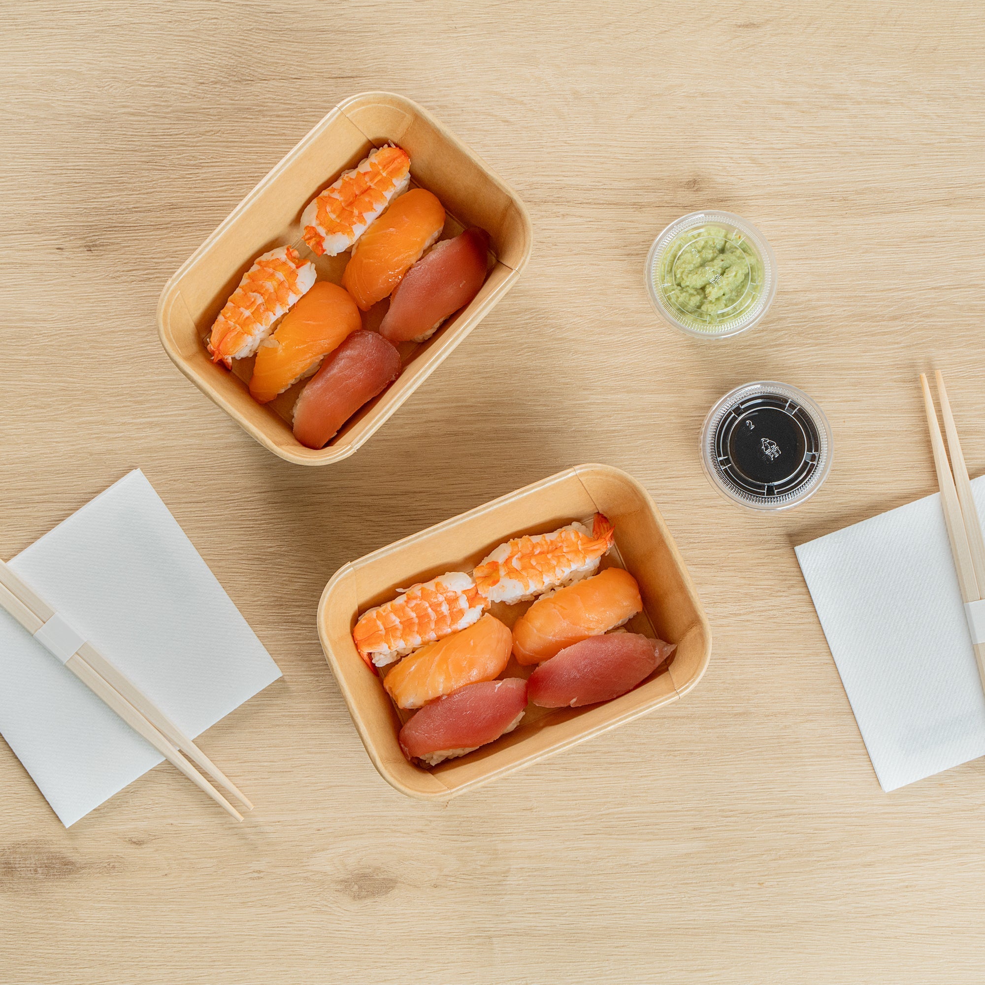 Matsuri Vision 26 oz Rectangle Kraft Paper Sushi Container - 6 1/2" x 4 3/4" x 2 1/4" - 50 count box