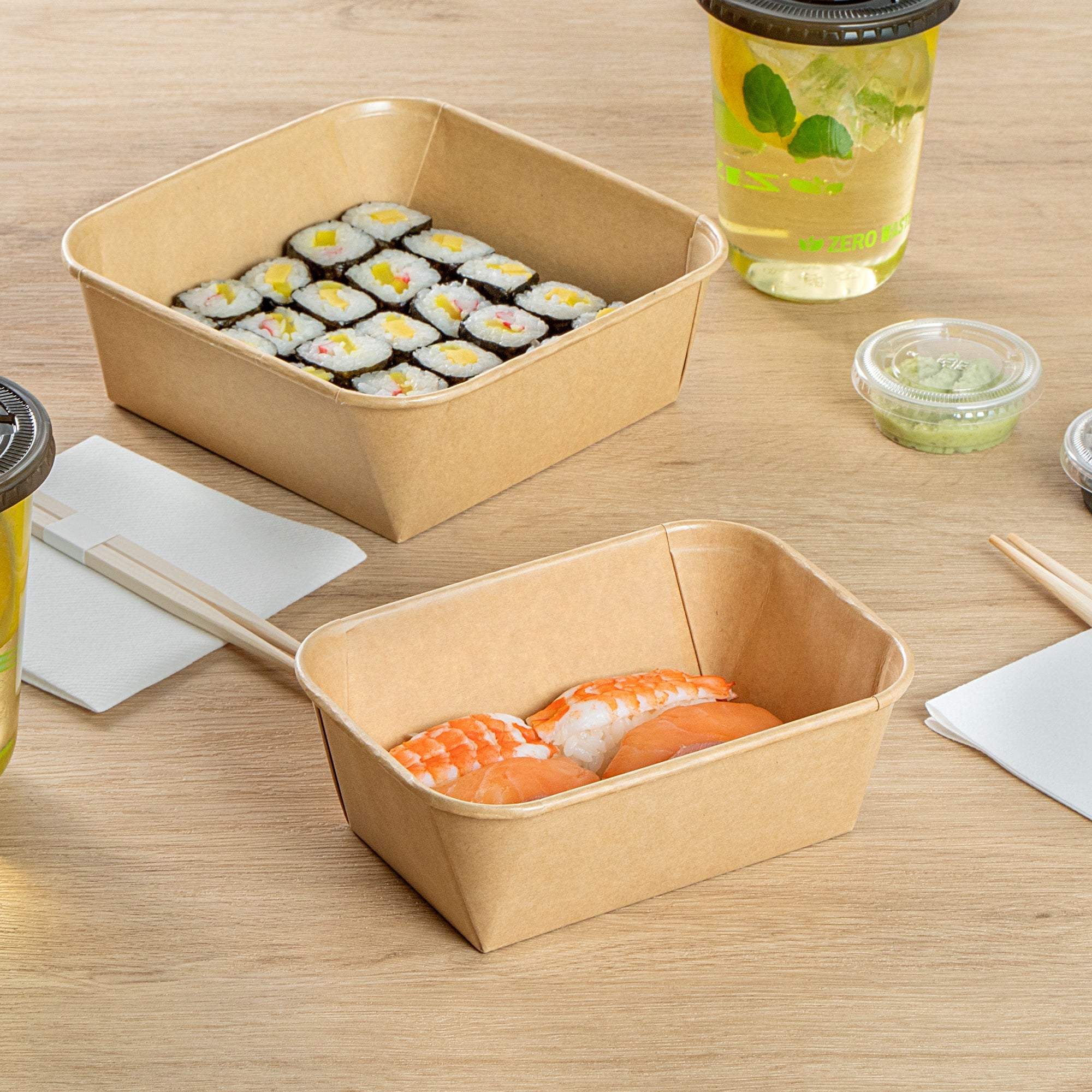 Matsuri Vision 26 oz Rectangle Kraft Paper Sushi Container - 6 1/2" x 4 3/4" x 2 1/4" - 100 count box
