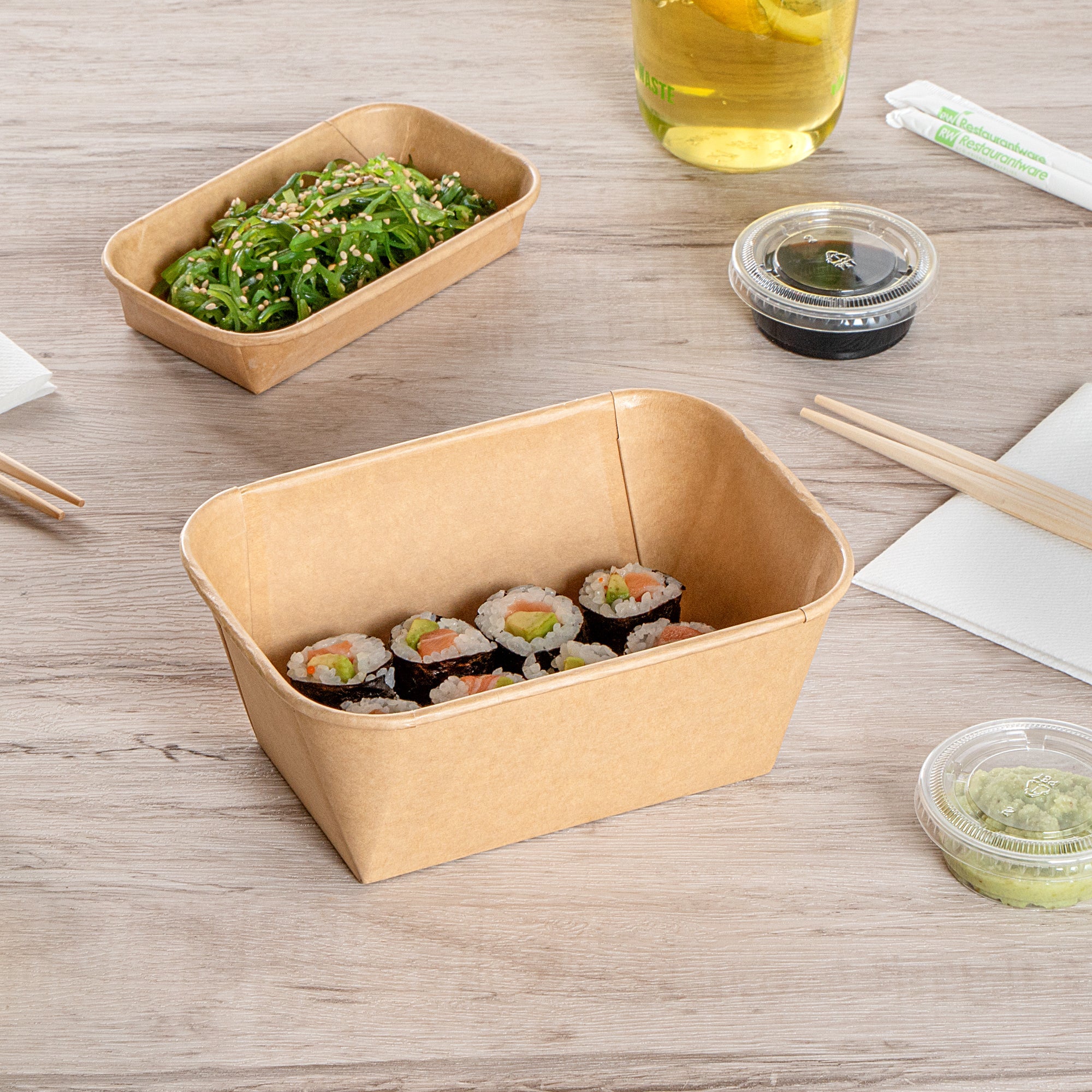 Matsuri Vision 34 oz Rectangle Kraft Paper Sushi Container - 6 1/2" x 4 3/4" x 2 3/4" - 50 count box