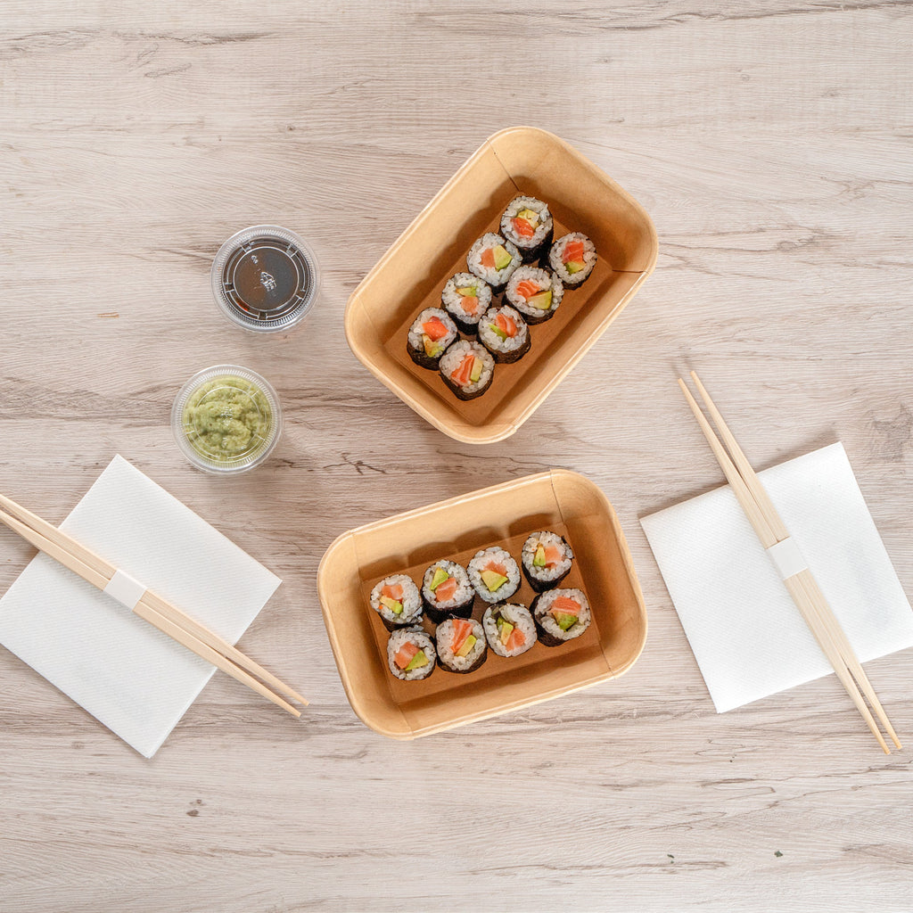 Matsuri Vision 34 oz Rectangle Kraft Paper Sushi Container - 6 1/2" x 4 3/4" x 2 3/4" - 50 count box
