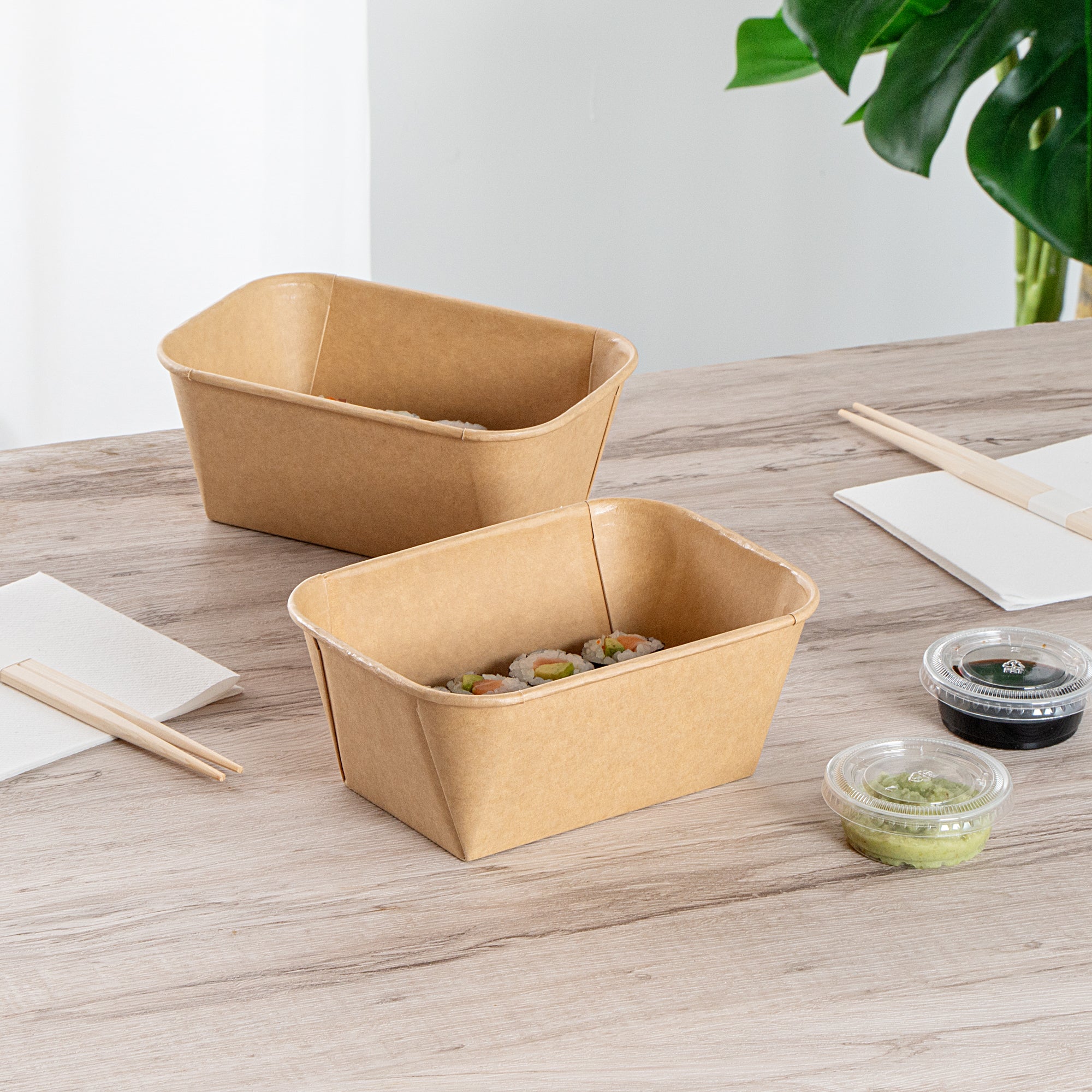 Matsuri Vision 34 oz Rectangle Kraft Paper Sushi Container - 6 1/2" x 4 3/4" x 2 3/4" - 50 count box