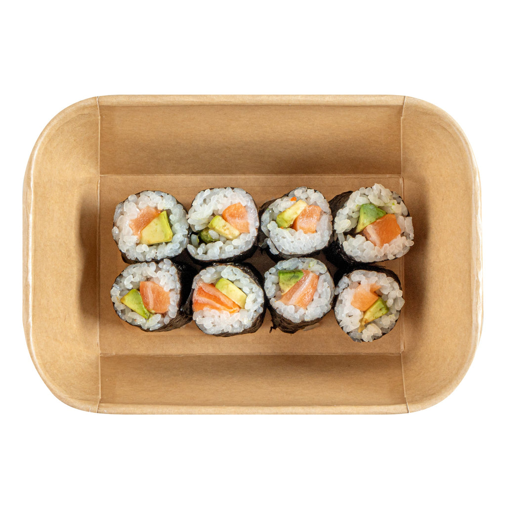 Matsuri Vision 34 oz Rectangle Kraft Paper Sushi Container - 6 1/2" x 4 3/4" x 2 3/4" - 100 count box