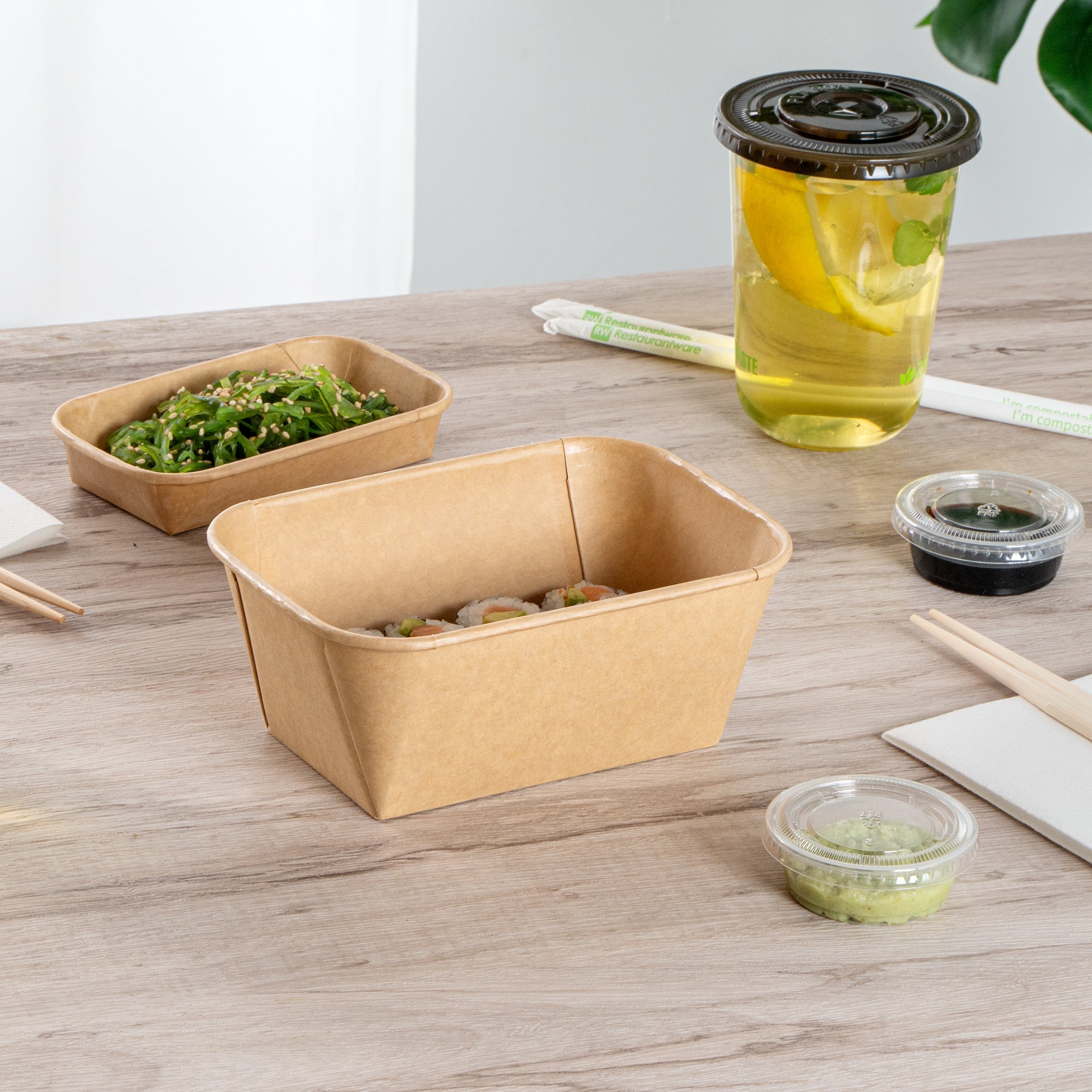 Matsuri Vision 34 oz Rectangle Kraft Paper Sushi Container - 6 1/2" x 4 3/4" x 2 3/4" - 100 count box
