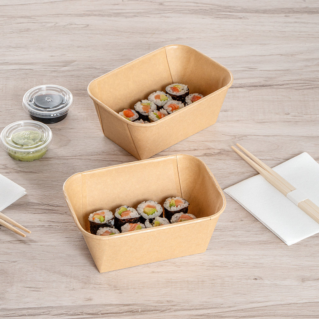 Matsuri Vision 34 oz Rectangle Kraft Paper Sushi Container - 6 1/2" x 4 3/4" x 2 3/4" - 100 count box
