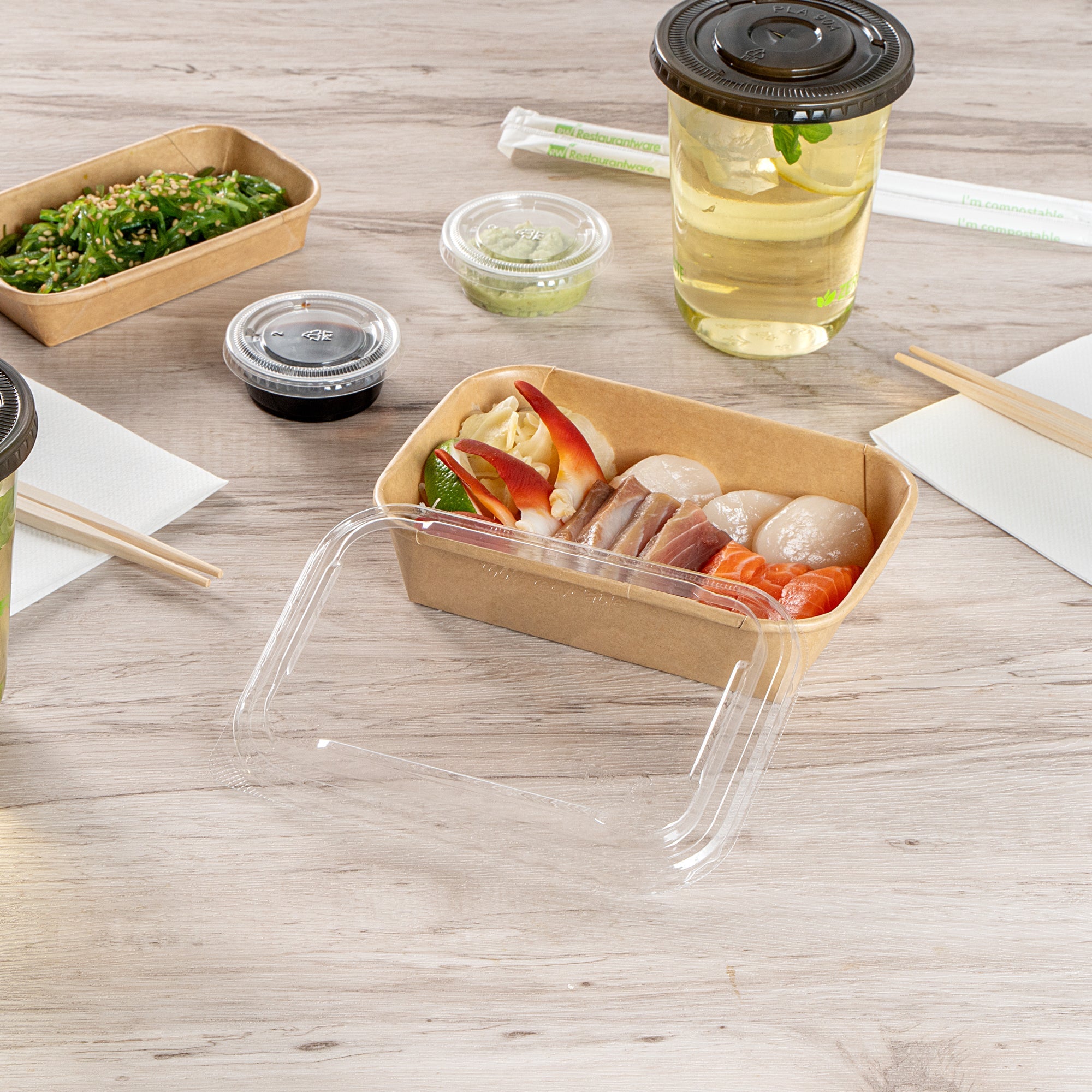 Matsuri Vision Clear PET Plastic Lid - Fits 17, 22, 26 and 34 oz Sushi Containers, Anti-Fog - 50 count box