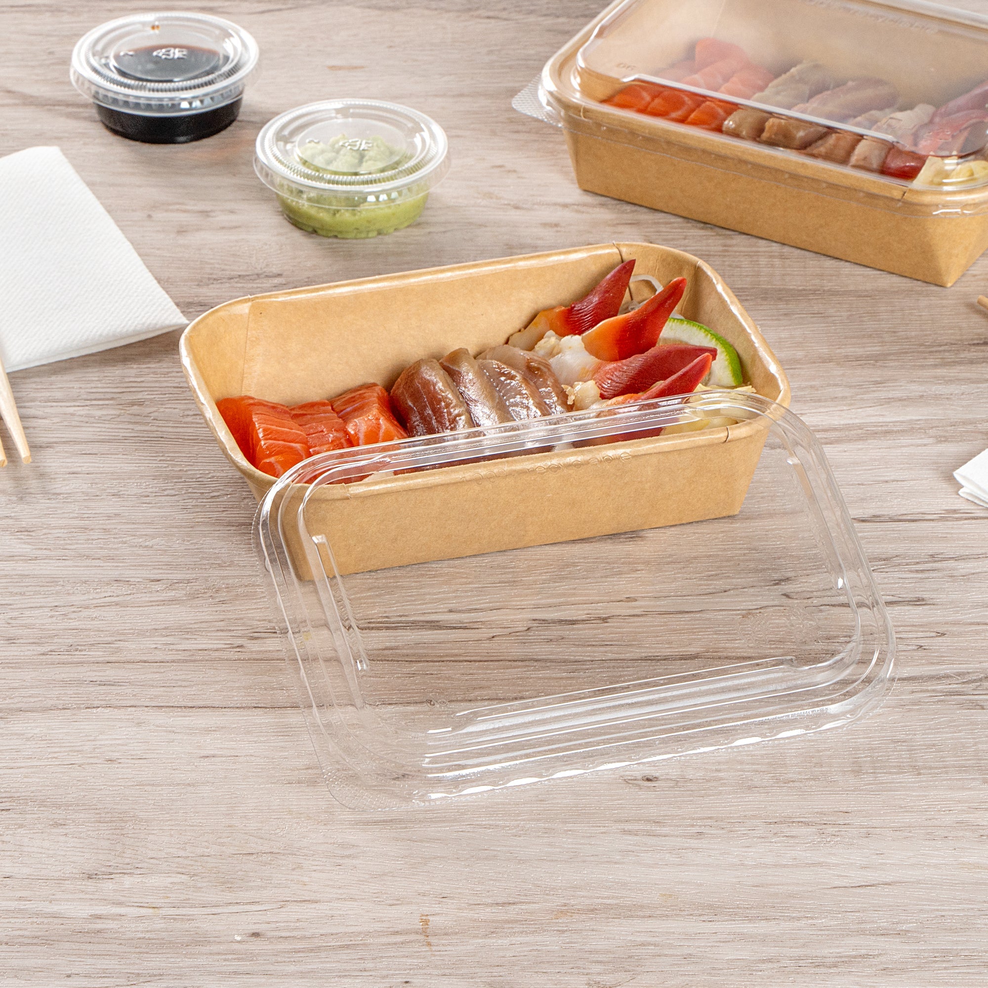 Matsuri Vision Clear PET Plastic Lid - Fits 17, 22, 26 and 34 oz Sushi Containers, Anti-Fog - 100 count box