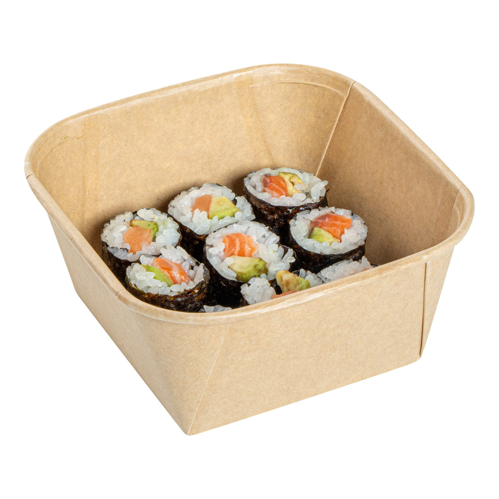 Matsuri Vision 22 oz Square Kraft Paper Sushi Container - 5" x 5" x 2 1/4" - 50 count box