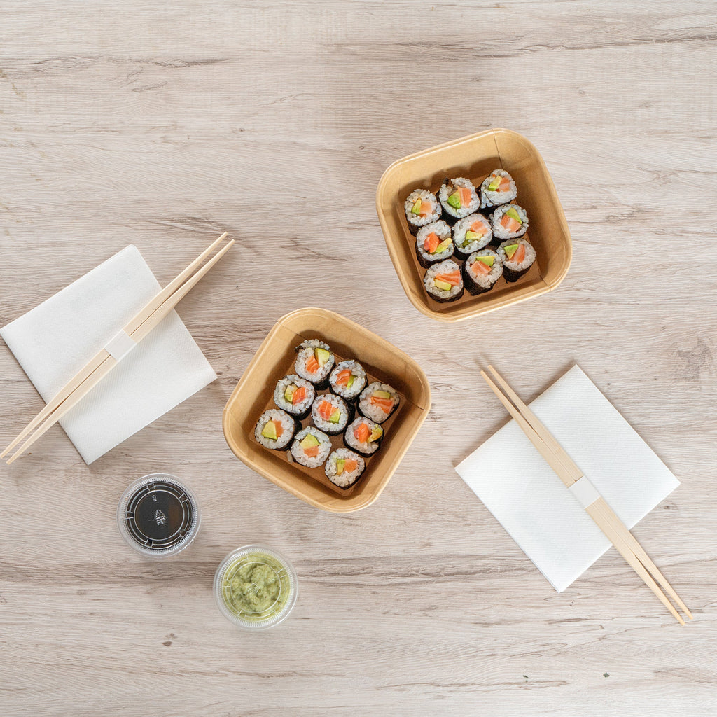 Matsuri Vision 22 oz Square Kraft Paper Sushi Container - 5" x 5" x 2 1/4" - 50 count box