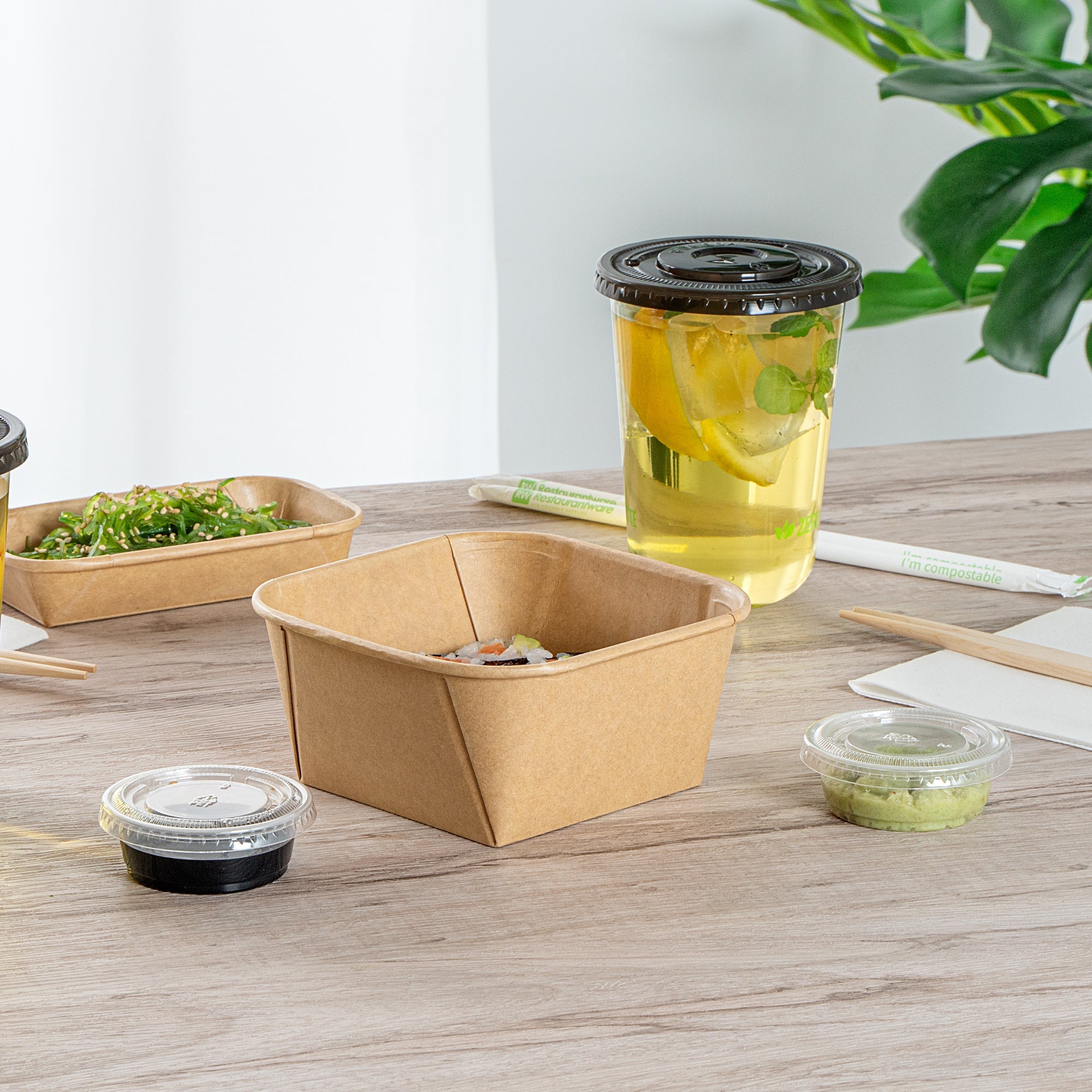 Matsuri Vision 22 oz Square Kraft Paper Sushi Container - 5" x 5" x 2 1/4" - 100 count box