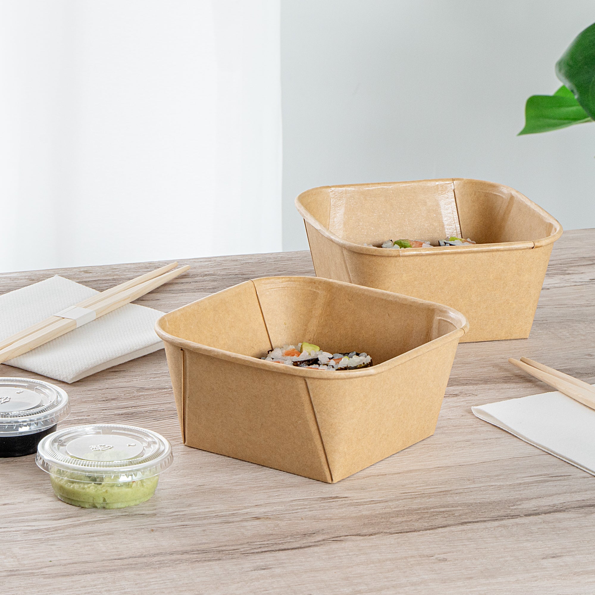 Matsuri Vision 22 oz Square Kraft Paper Sushi Container - 5" x 5" x 2 1/4" - 100 count box