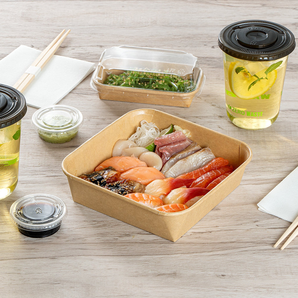 Matsuri Vision 34 oz Square Kraft Paper Sushi Container - 7" x 7" x 2" - 50 count box
