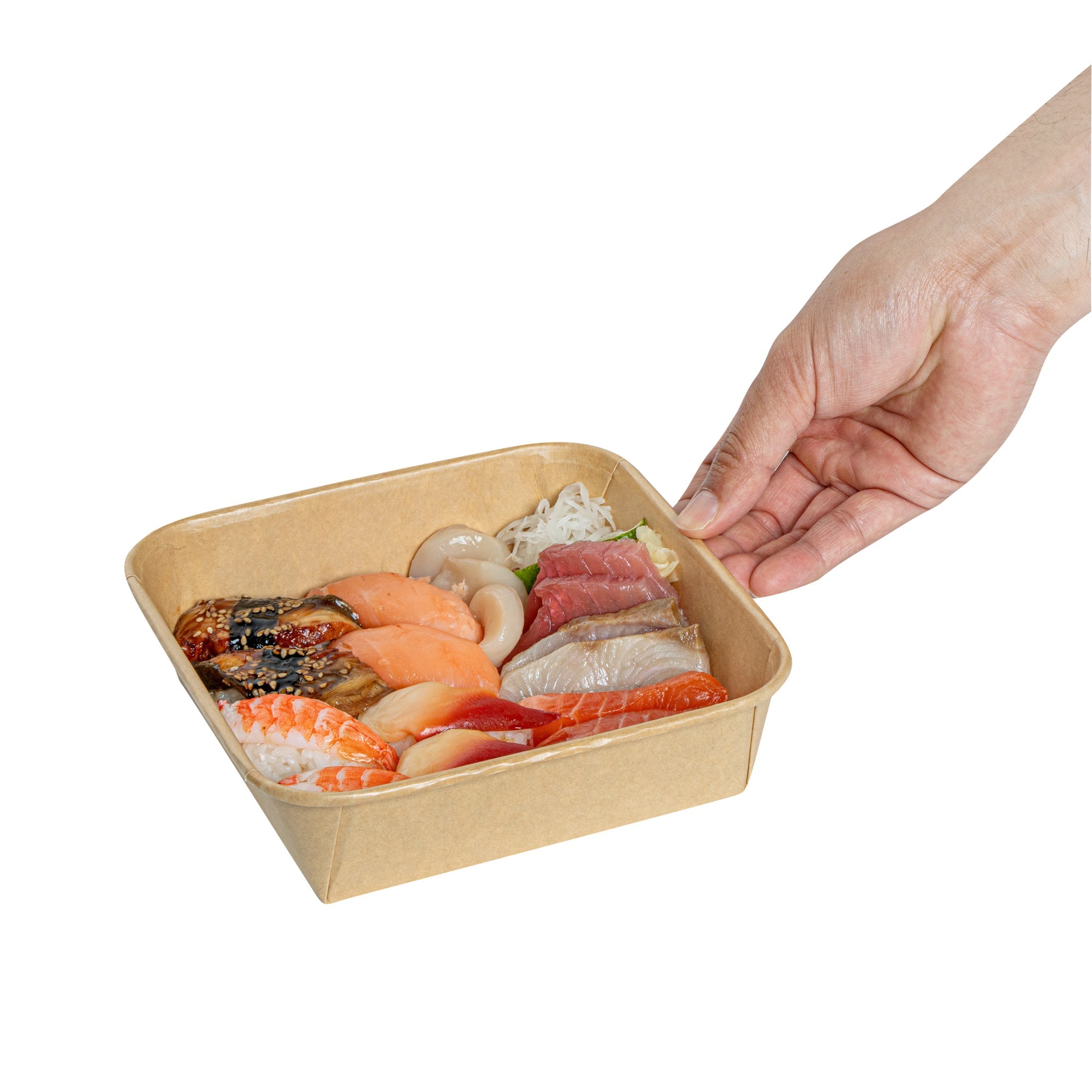 Matsuri Vision 34 oz Square Kraft Paper Sushi Container - 7" x 7" x 2" - 50 count box