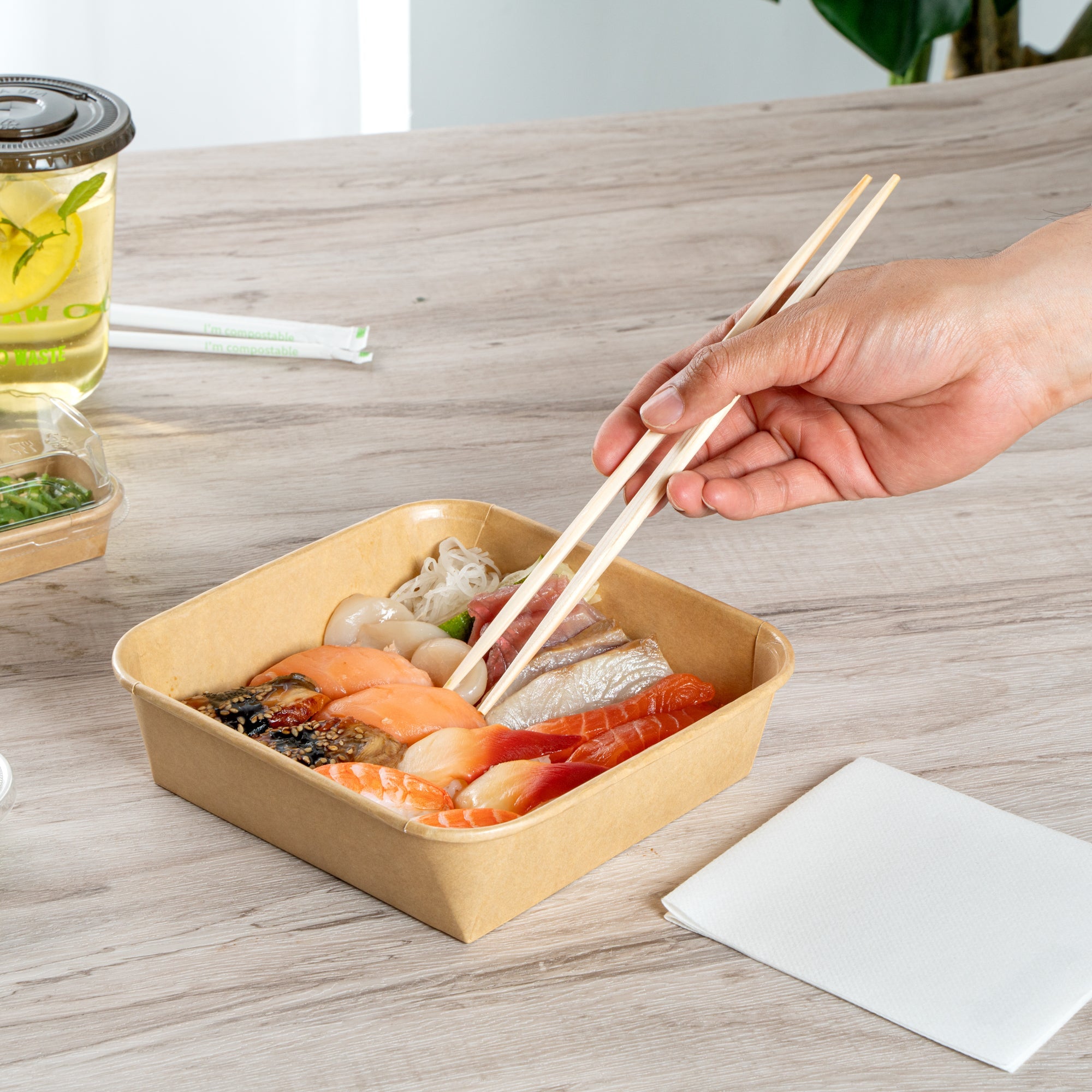 Matsuri Vision 34 oz Square Kraft Paper Sushi Container - 7" x 7" x 2" - 50 count box