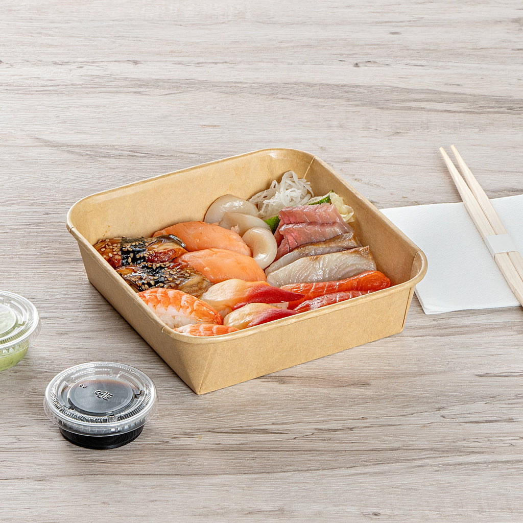 Matsuri Vision 34 oz Square Kraft Paper Sushi Container - 7" x 7" x 2" - 100 count box