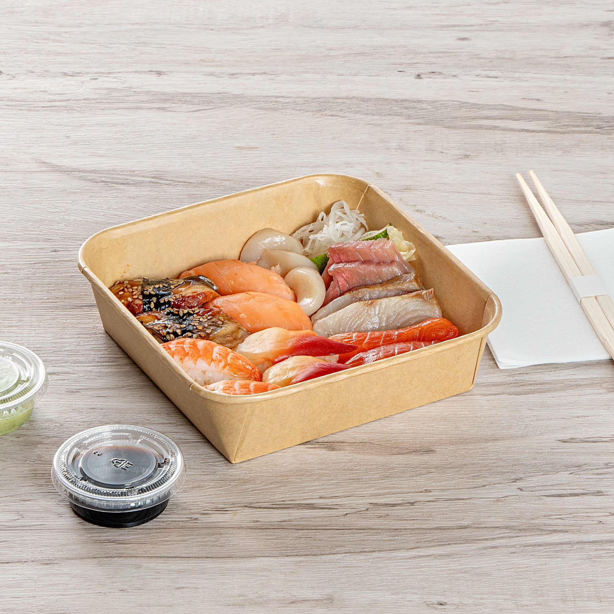Matsuri Vision 34 oz Square Kraft Paper Sushi Container - 7" x 7" x 2" - 100 count box