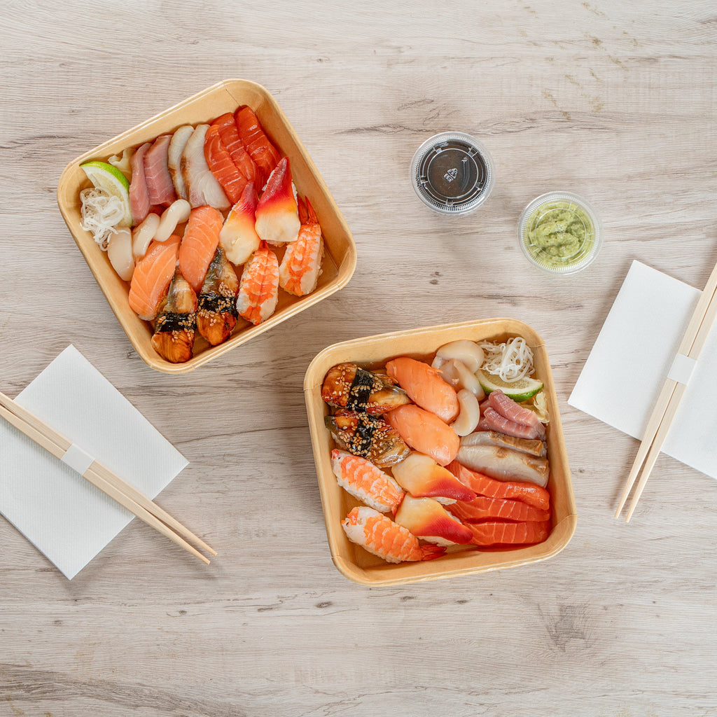 Matsuri Vision 34 oz Square Kraft Paper Sushi Container - 7" x 7" x 2" - 100 count box