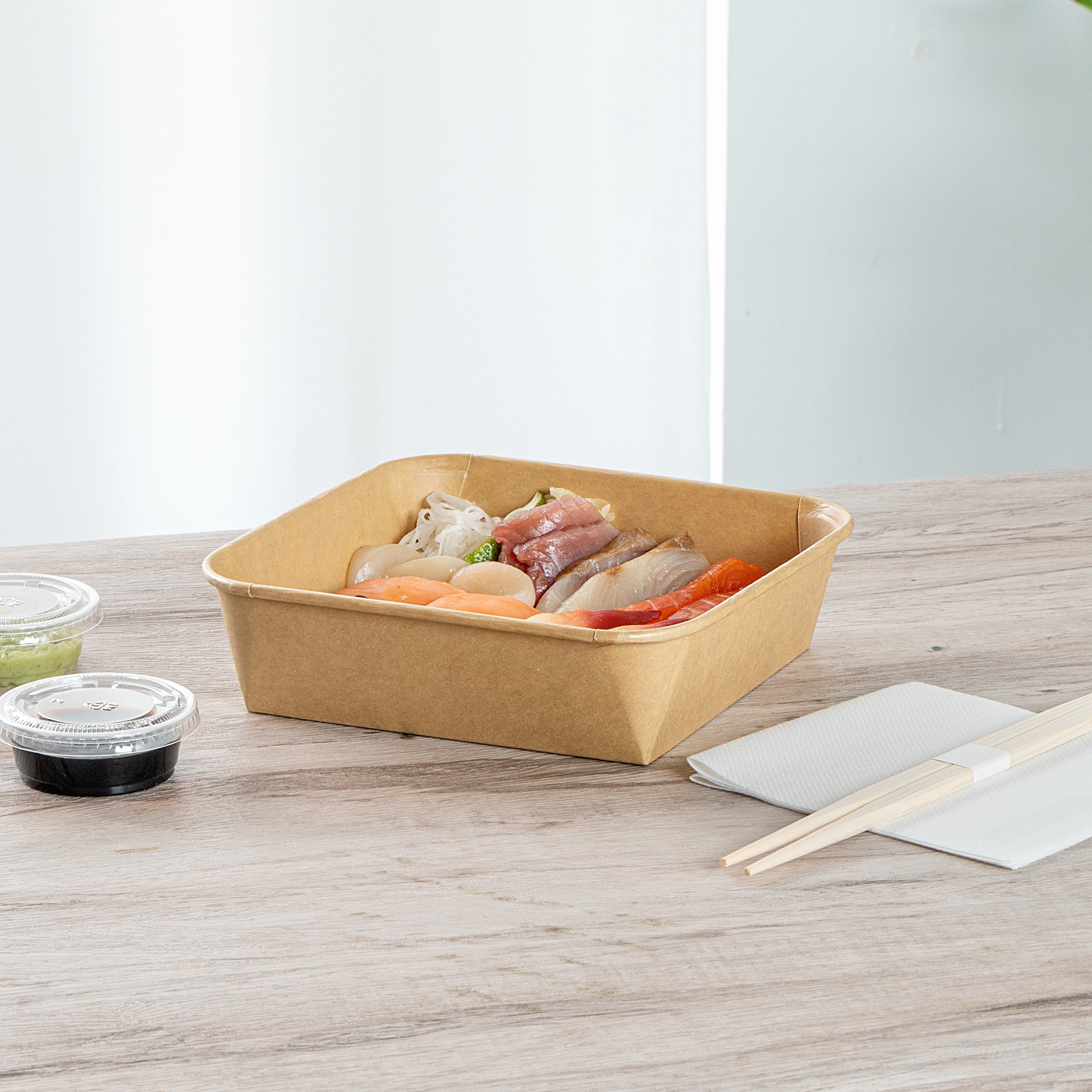 Matsuri Vision 34 oz Square Kraft Paper Sushi Container - 7" x 7" x 2" - 100 count box