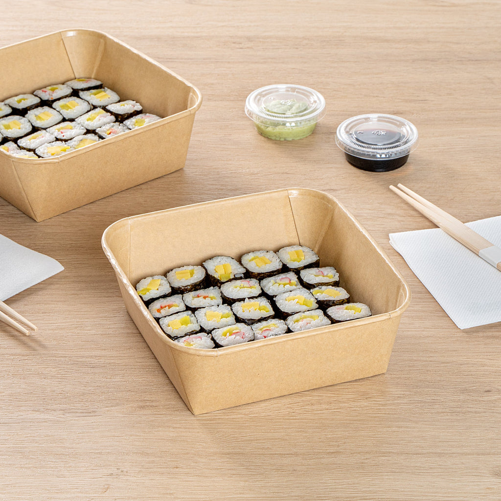 Matsuri Vision 45 oz Square Kraft Paper Sushi Container - 7" x 7" x 2 1/4" - 50 count box