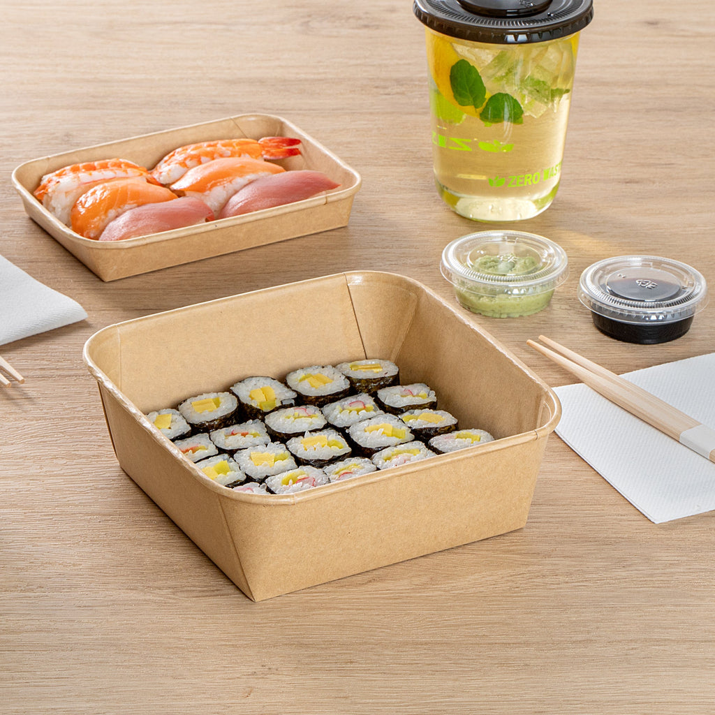 Matsuri Vision 45 oz Square Kraft Paper Sushi Container - 7" x 7" x 2 1/4" - 50 count box
