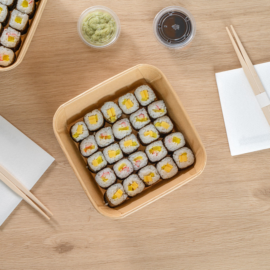 Matsuri Vision 45 oz Square Kraft Paper Sushi Container - 7" x 7" x 2 1/4" - 100 count box