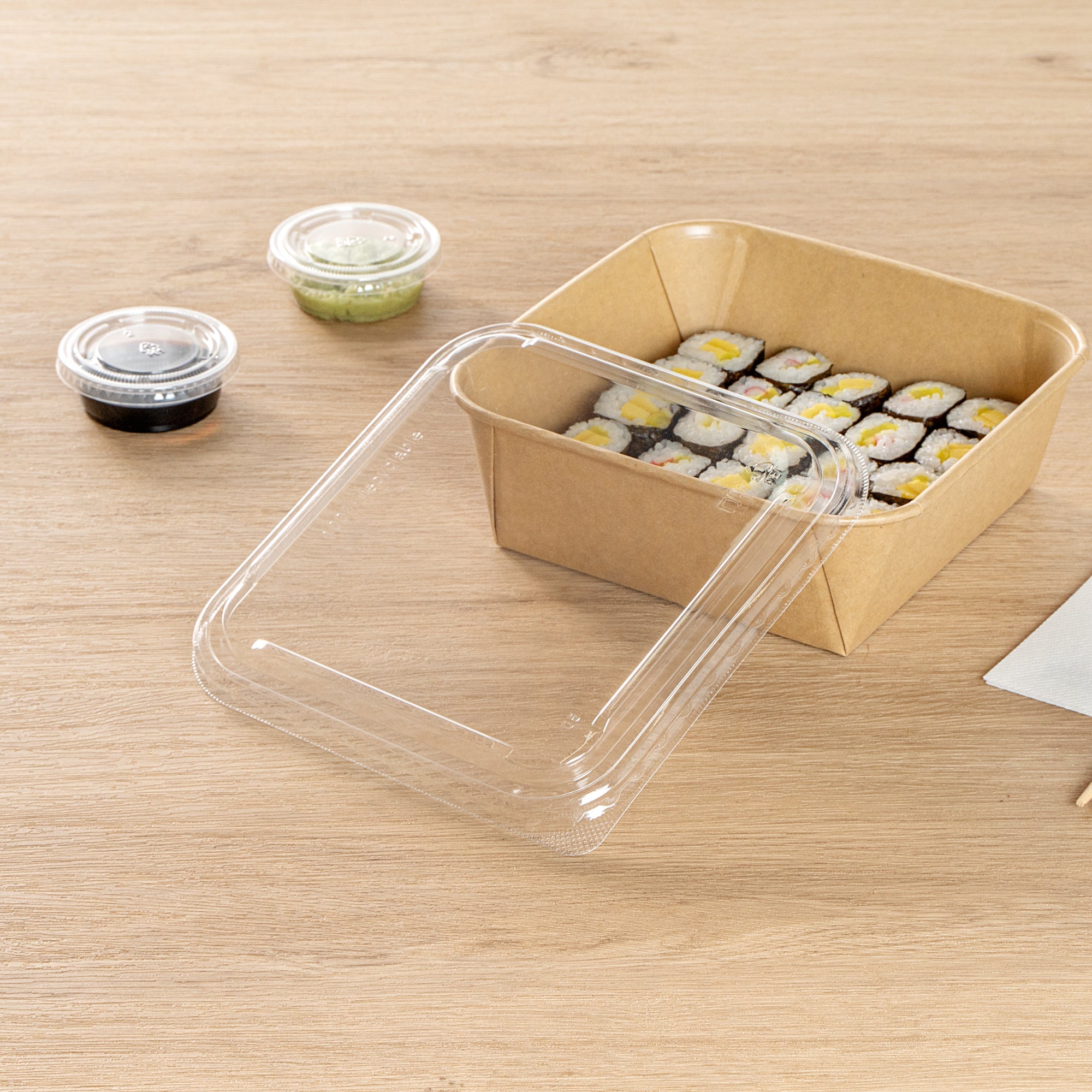 Matsuri Vision Clear PET Plastic Lid - Fits 34 and 45 oz Sushi Containers, Anti-Fog - 50 count box