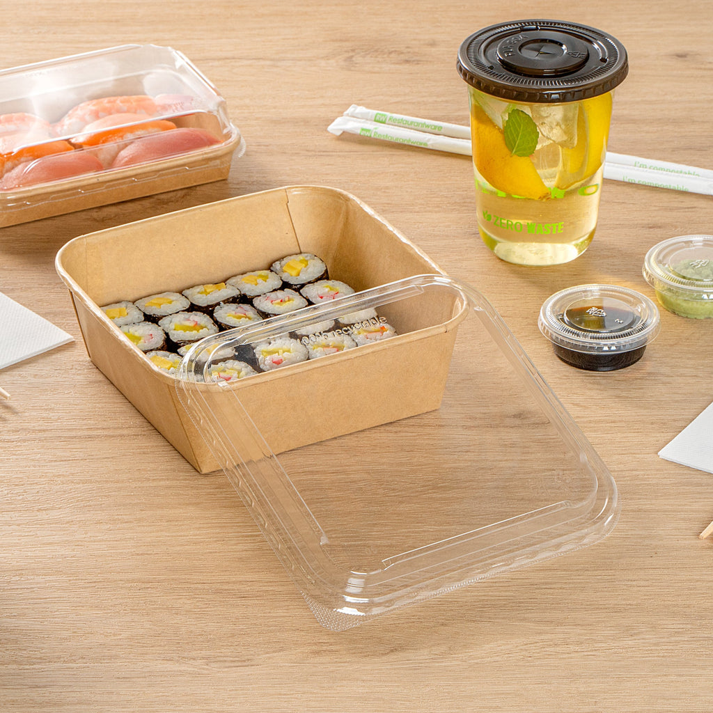 Matsuri Vision Clear PET Plastic Lid - Fits 34 and 45 oz Sushi Containers, Anti-Fog - 100 count box