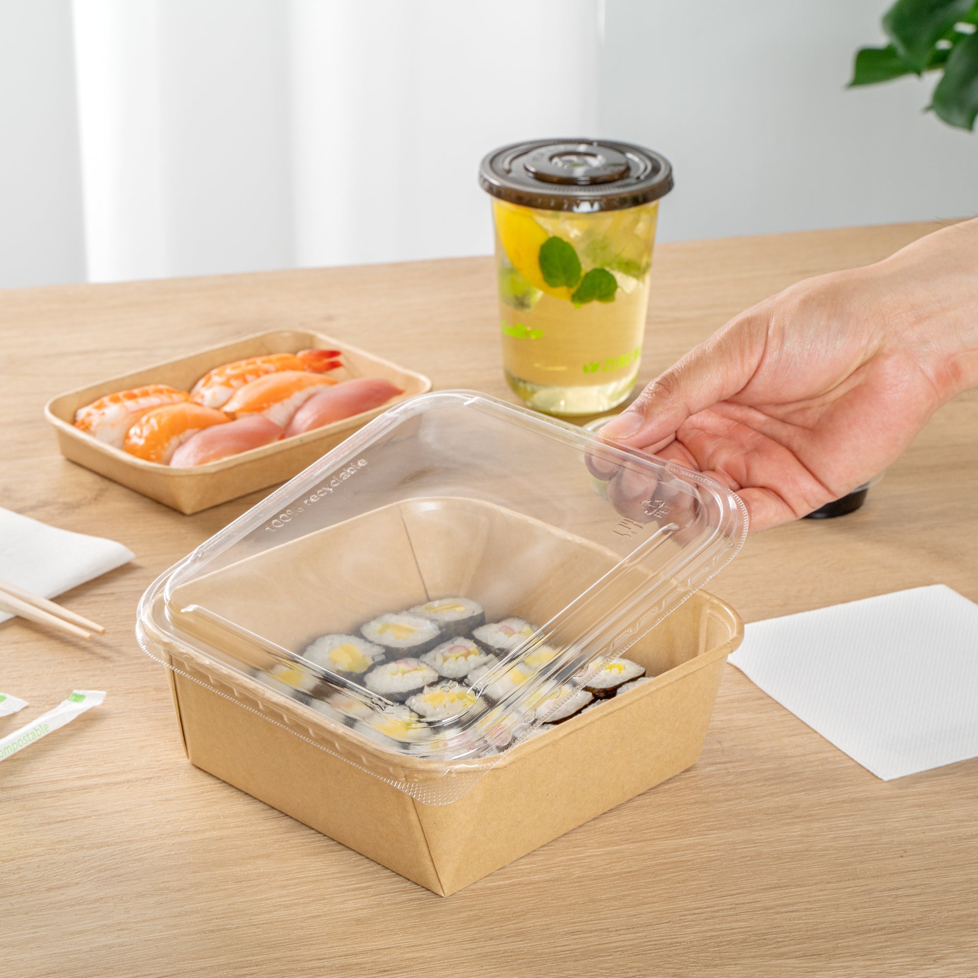 Matsuri Vision Clear PET Plastic Lid - Fits 34 and 45 oz Sushi Containers, Anti-Fog - 100 count box