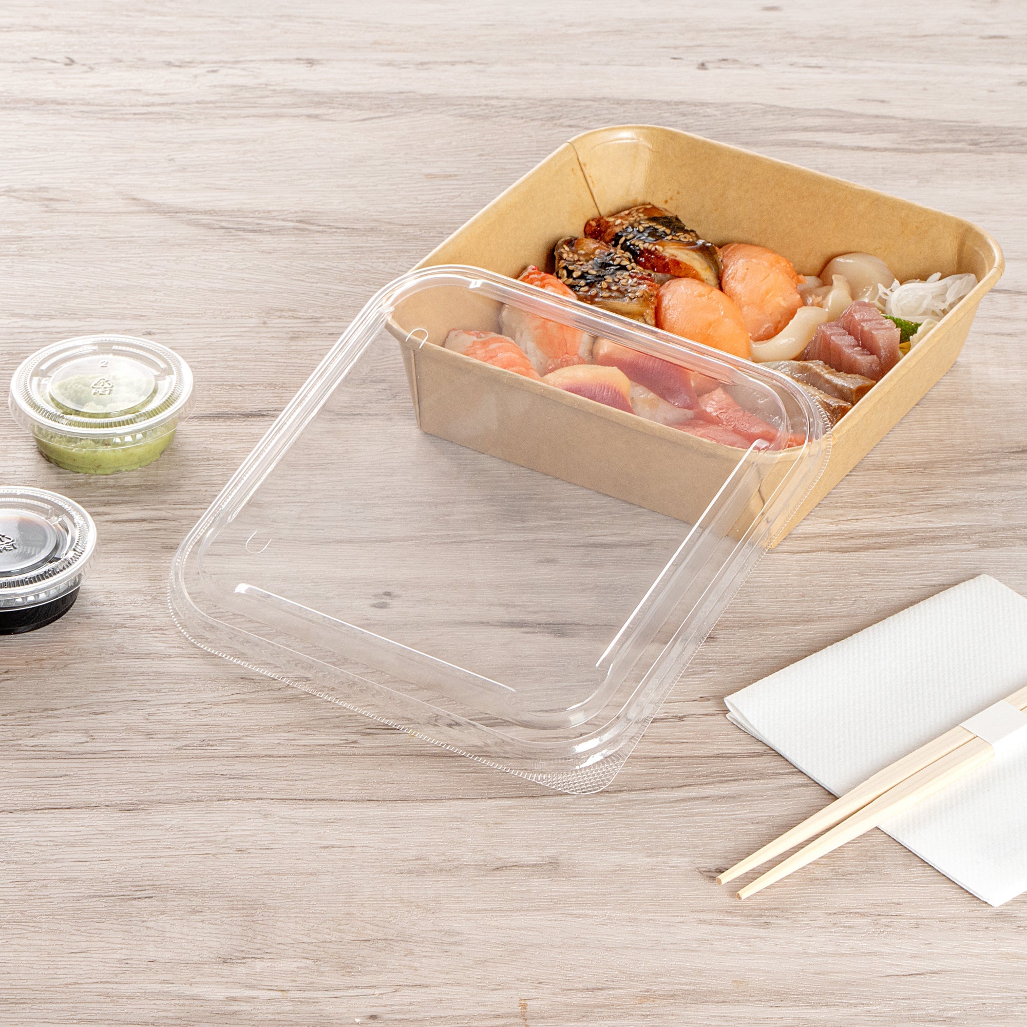 Matsuri Vision Clear PP Plastic Lid - Fits 34 and 45 oz Sushi Containers, Anti-Fog - 50 count box