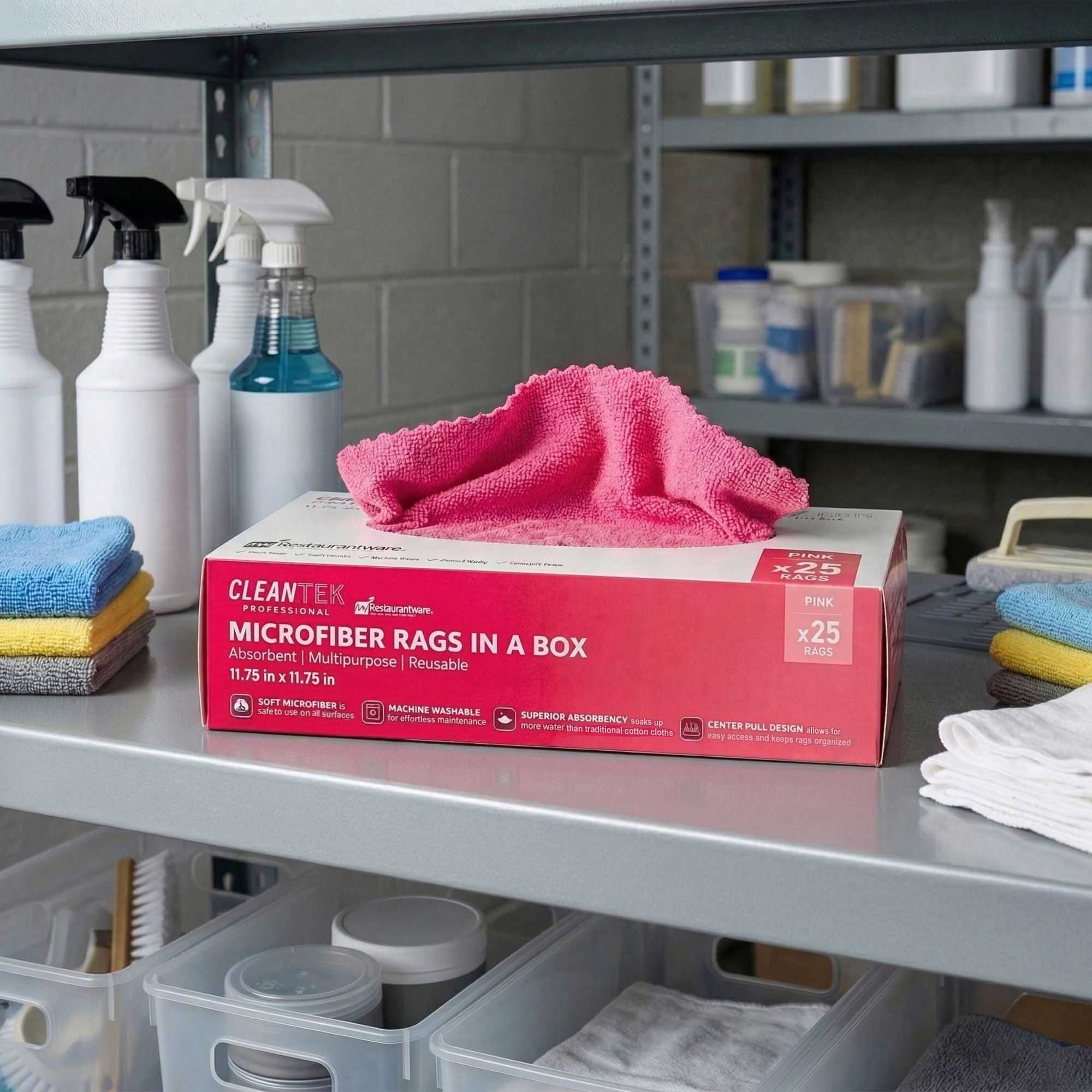 Clean Tek Professional Pink Microfiber Rags In A Box - 11 3/4" x 11 3/4" - 25 count box
