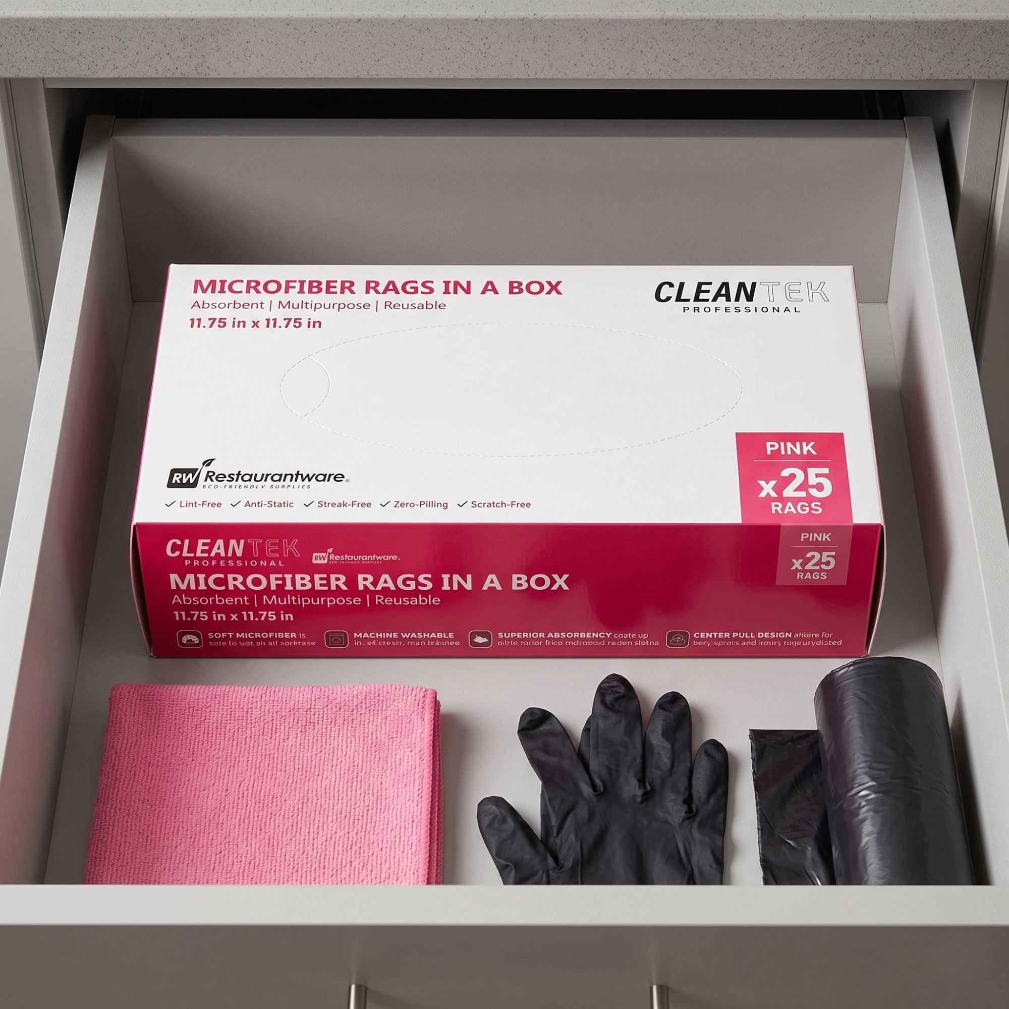 Clean Tek Professional Pink Microfiber Rags In A Box - 11 3/4" x 11 3/4" - 250 count box