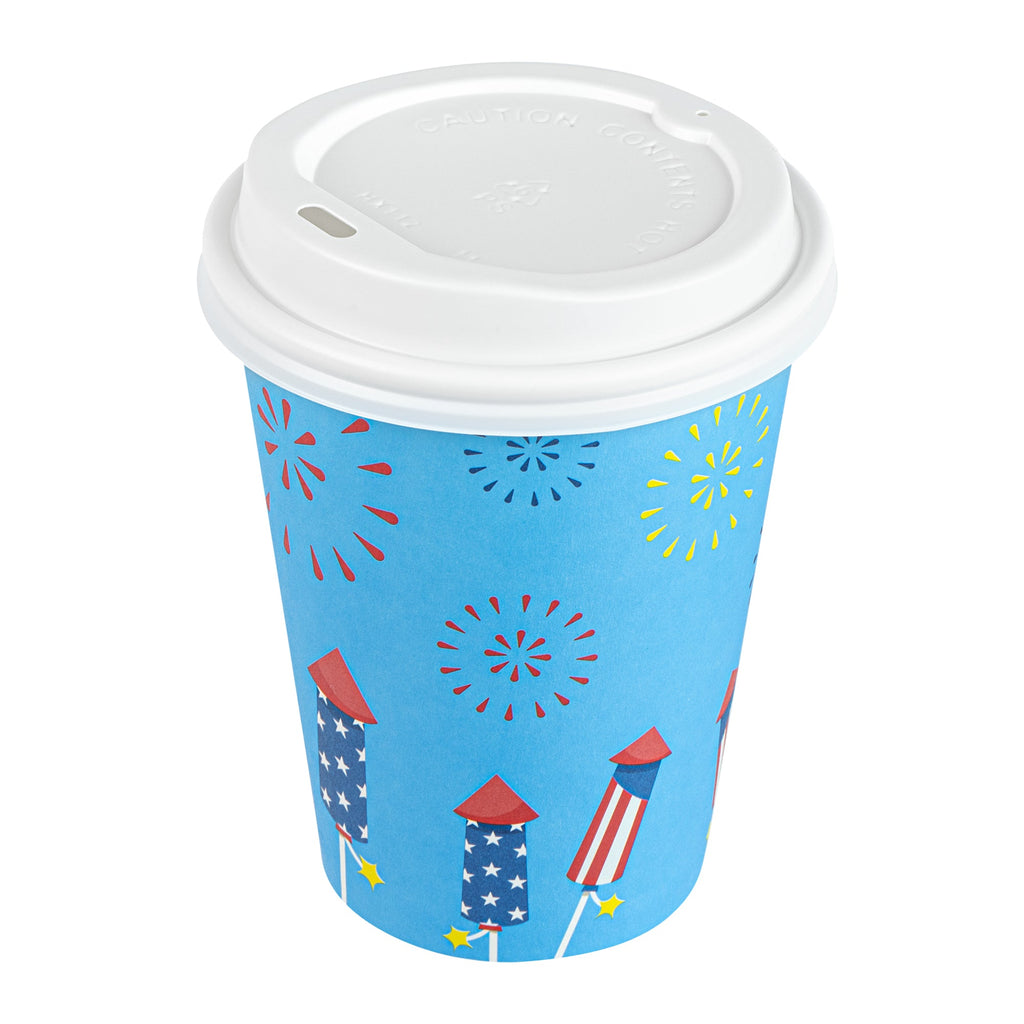 Restpresso 12 oz 4th of July Paper Single Wall Coffee Cup - with White Lid - 3 1/2" x 3 1/2" x 4 3/4" - 20 count box