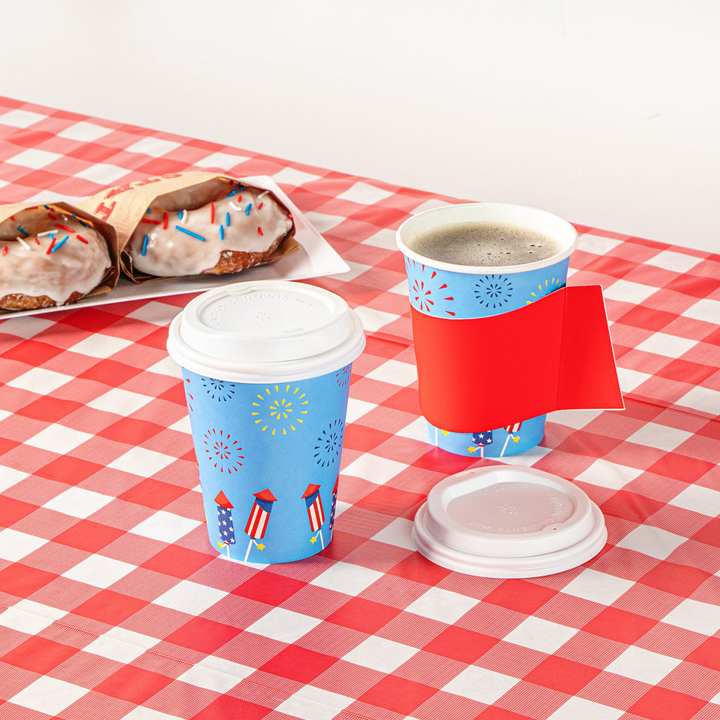 Restpresso 12 oz 4th of July Paper Single Wall Coffee Cup - with White Lid - 3 1/2" x 3 1/2" x 4 3/4" - 20 count box