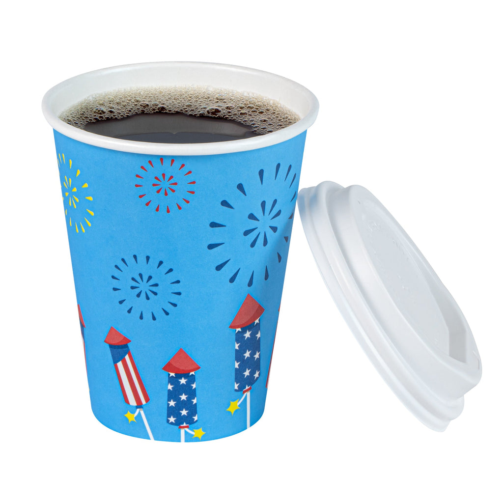 Restpresso 12 oz 4th of July Paper Single Wall Coffee Cup - with White Lid - 3 1/2" x 3 1/2" x 4 3/4" - 20 count box