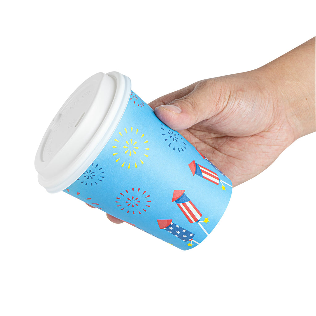 Restpresso 12 oz 4th of July Paper Single Wall Coffee Cup - with White Lid - 3 1/2" x 3 1/2" x 4 3/4" - 20 count box