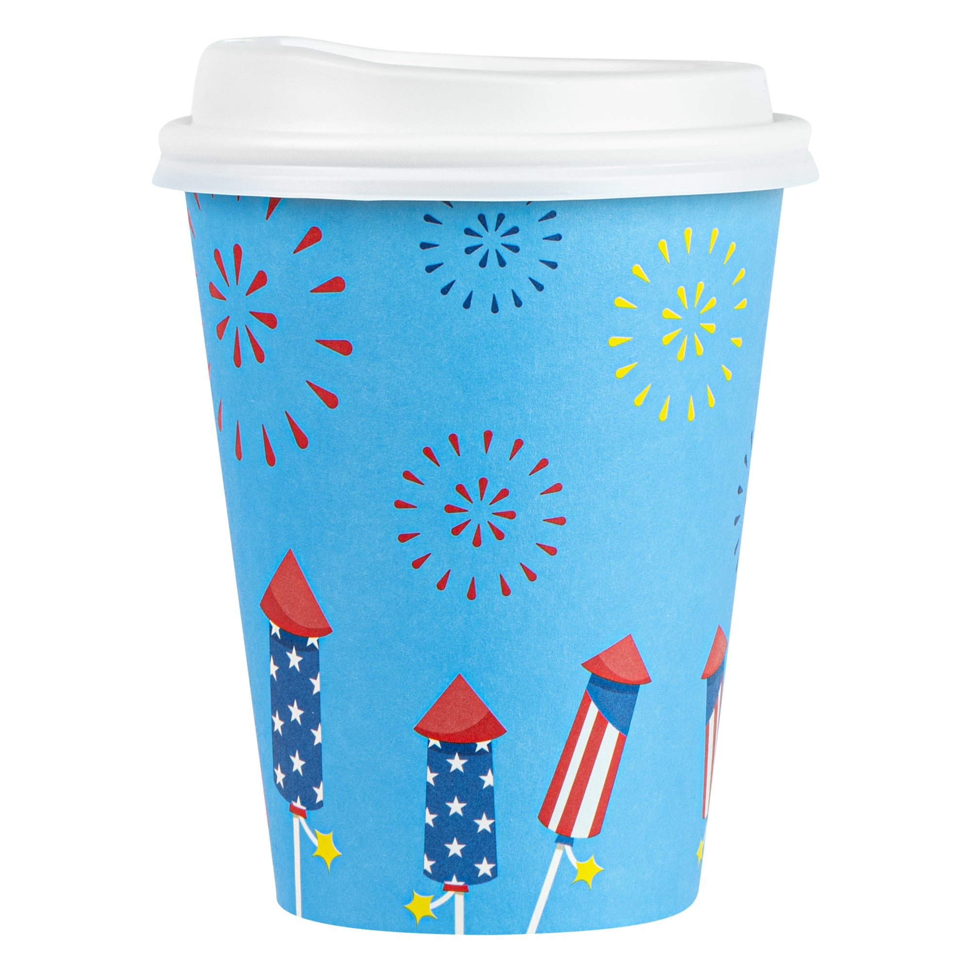 Restpresso 12 oz 4th of July Paper Single Wall Coffee Cup - with White Lid - 3 1/2" x 3 1/2" x 4 3/4" - 20 count box