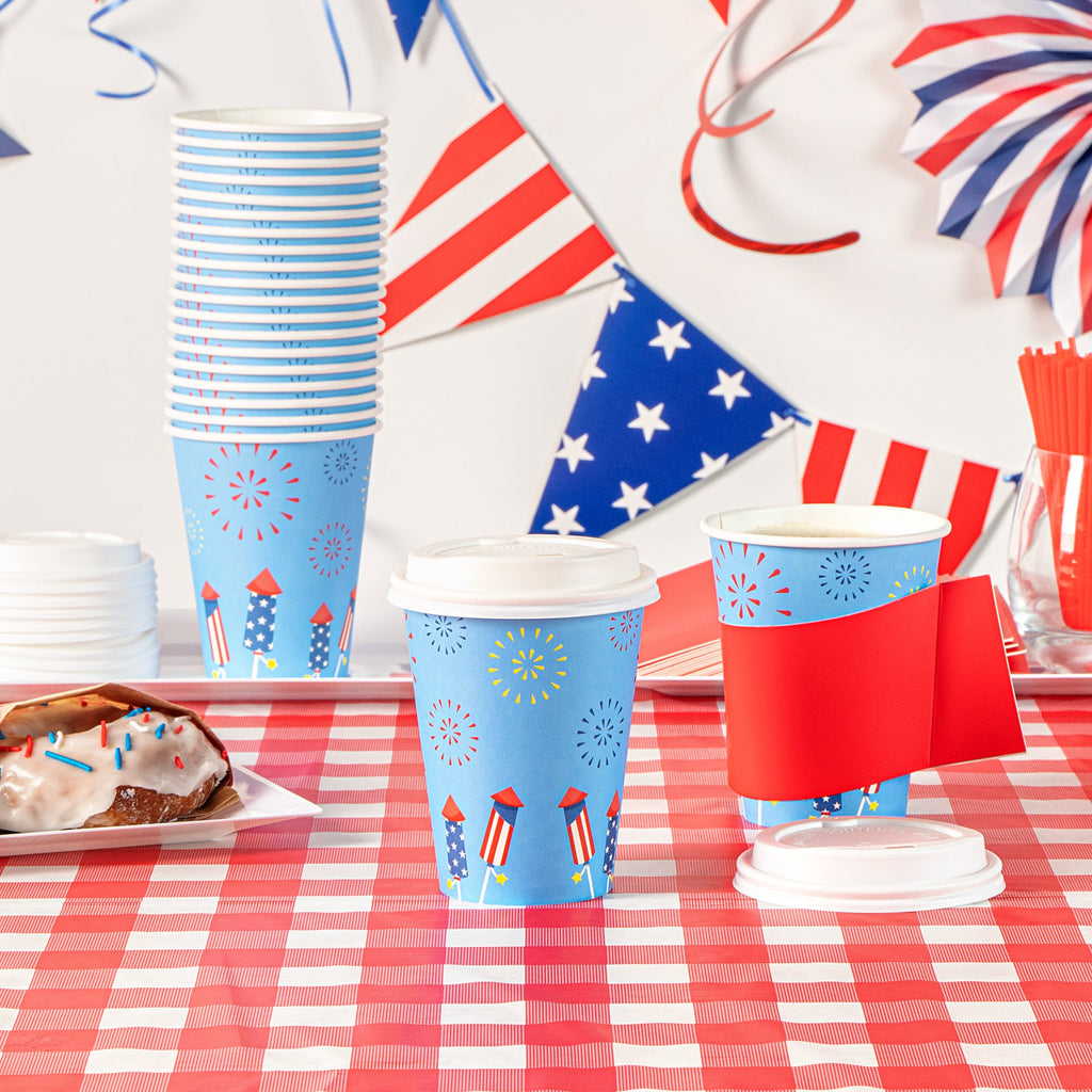 Restpresso 12 oz 4th of July Paper Single Wall Coffee Cup - with White Lid - 3 1/2" x 3 1/2" x 4 3/4" - 20 count box
