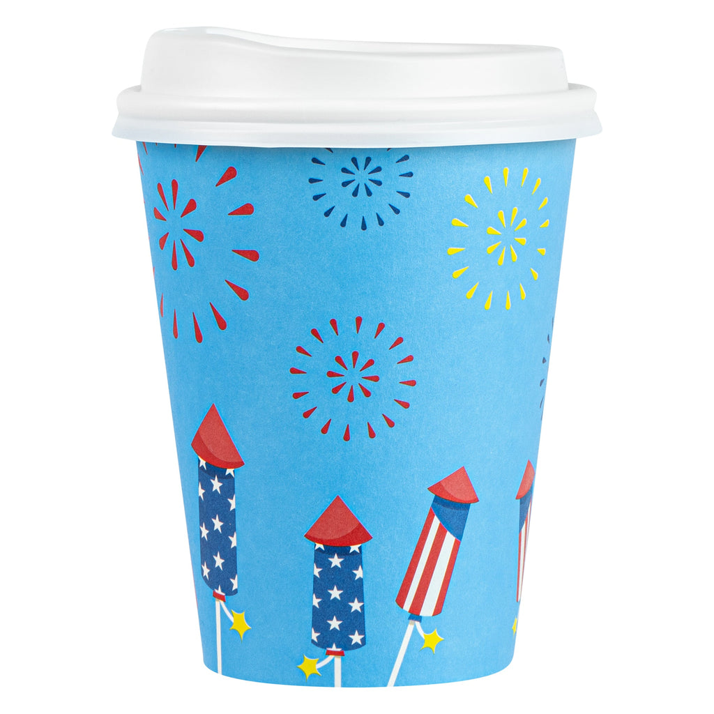 Restpresso 12 oz 4th of July Paper Single Wall Coffee Cup - with White Lid - 3 1/2" x 3 1/2" x 4 3/4" - 400 count box