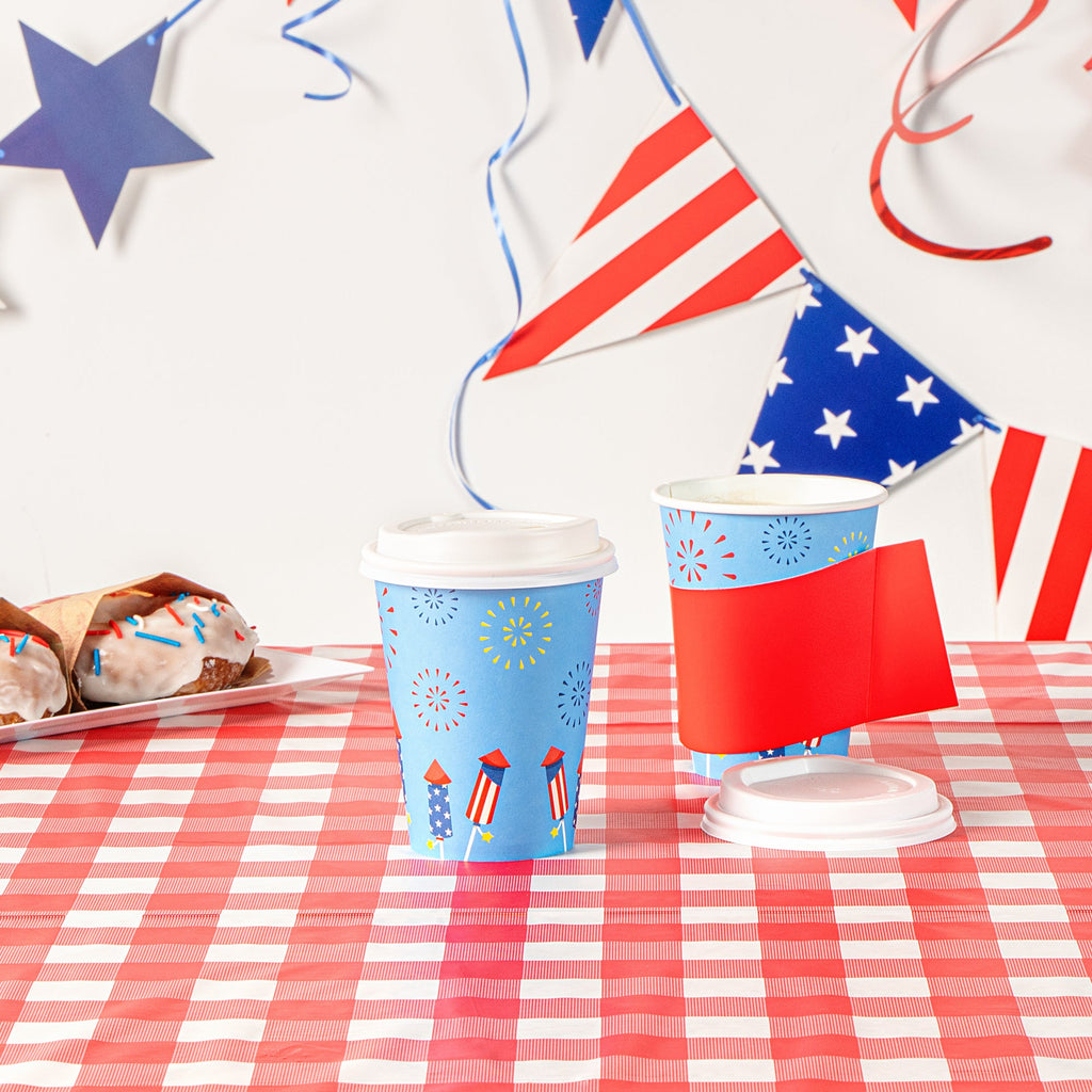 Restpresso 12 oz 4th of July Paper Single Wall Coffee Cup - with White Lid - 3 1/2" x 3 1/2" x 4 3/4" - 400 count box