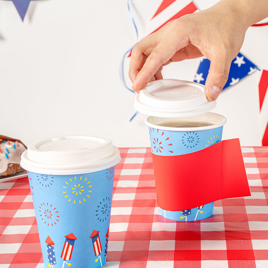 Restpresso 12 oz 4th of July Paper Single Wall Coffee Cup - with White Lid - 3 1/2" x 3 1/2" x 4 3/4" - 400 count box