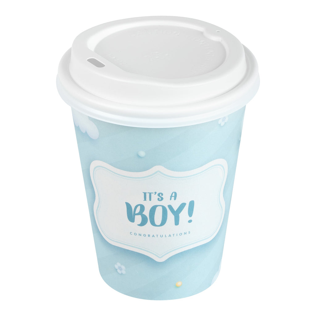 Restpresso 12 oz It's a Boy Paper Single Wall Coffee Cup - with White Lid - 3 1/2" x 3 1/2" x 4 3/4" - 20 count box