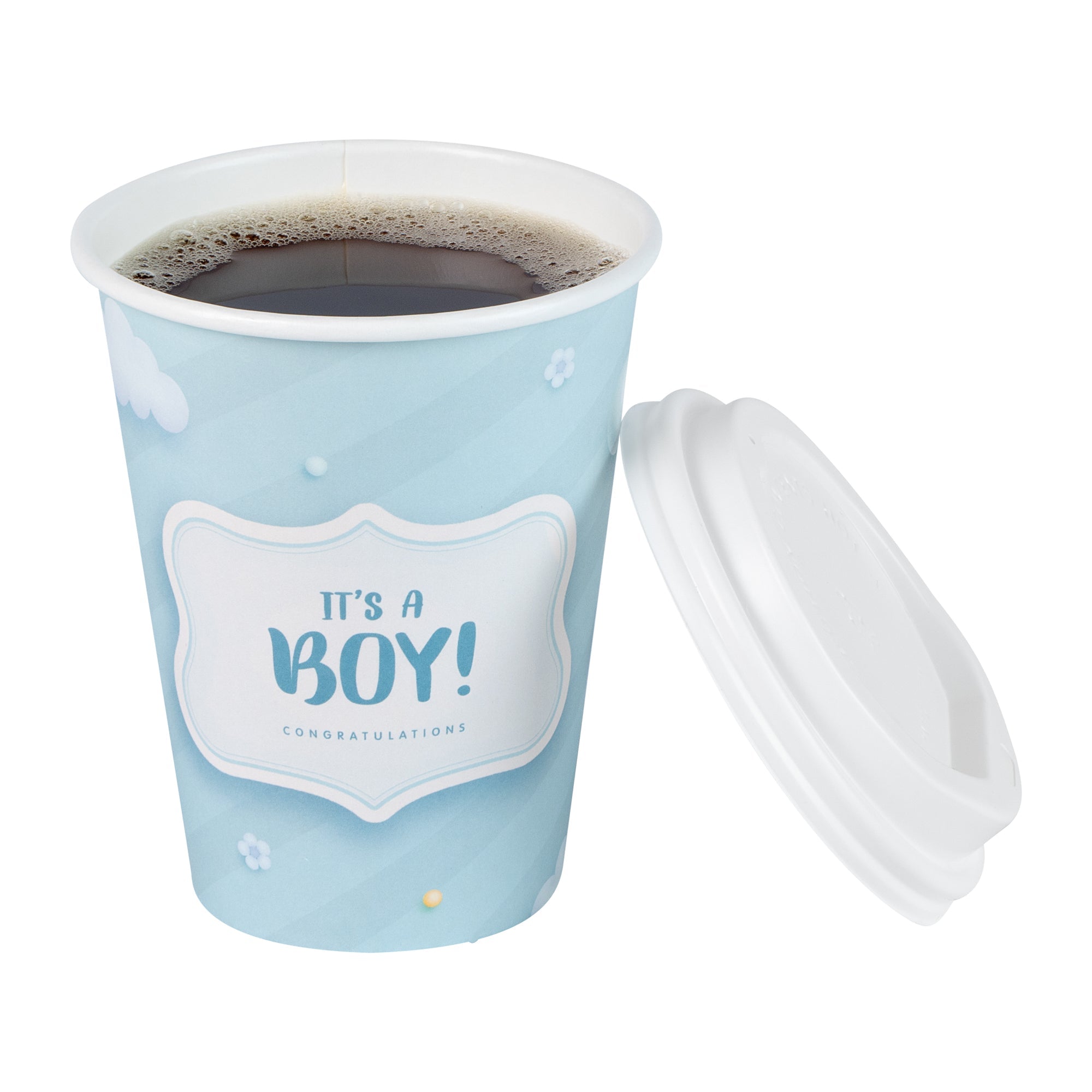Restpresso 12 oz It's a Boy Paper Single Wall Coffee Cup - with White Lid - 3 1/2" x 3 1/2" x 4 3/4" - 20 count box