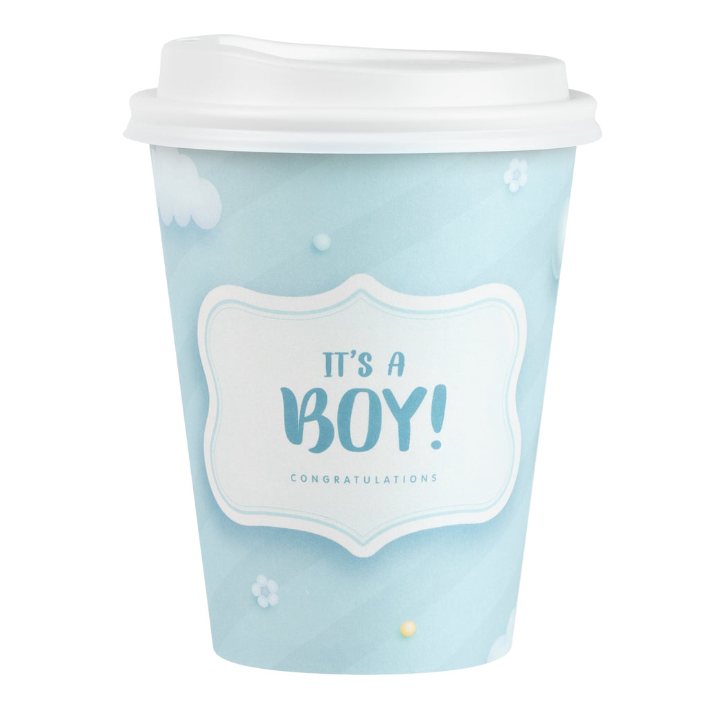 Restpresso 12 oz It's a Boy Paper Single Wall Coffee Cup - with White Lid - 3 1/2" x 3 1/2" x 4 3/4" - 20 count box