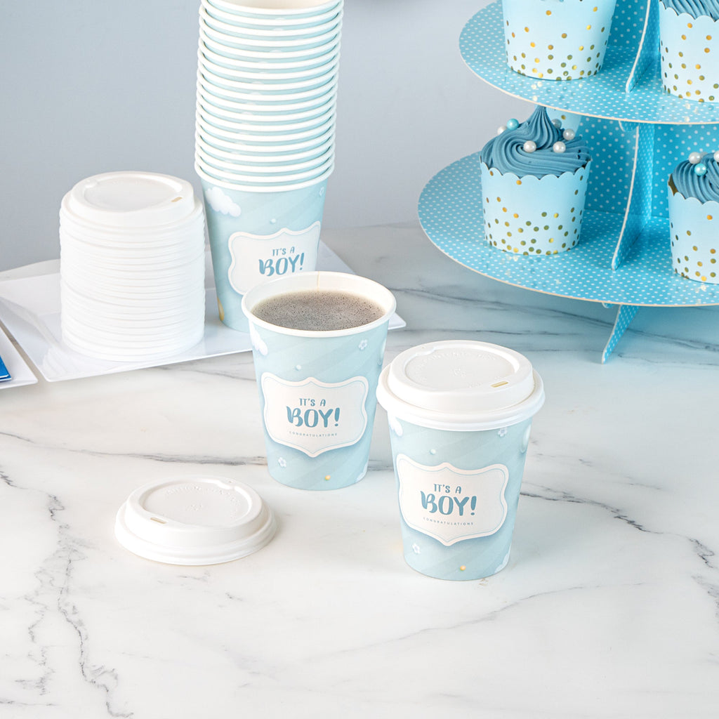 Restpresso 12 oz It's a Boy Paper Single Wall Coffee Cup - with White Lid - 3 1/2" x 3 1/2" x 4 3/4" - 20 count box