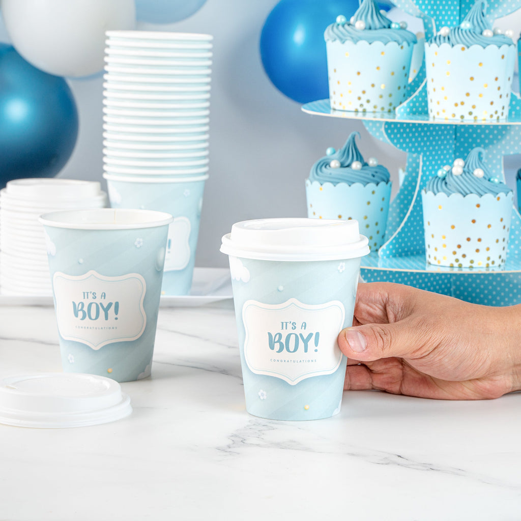 Restpresso 12 oz It's a Boy Paper Single Wall Coffee Cup - with White Lid - 3 1/2" x 3 1/2" x 4 3/4" - 20 count box