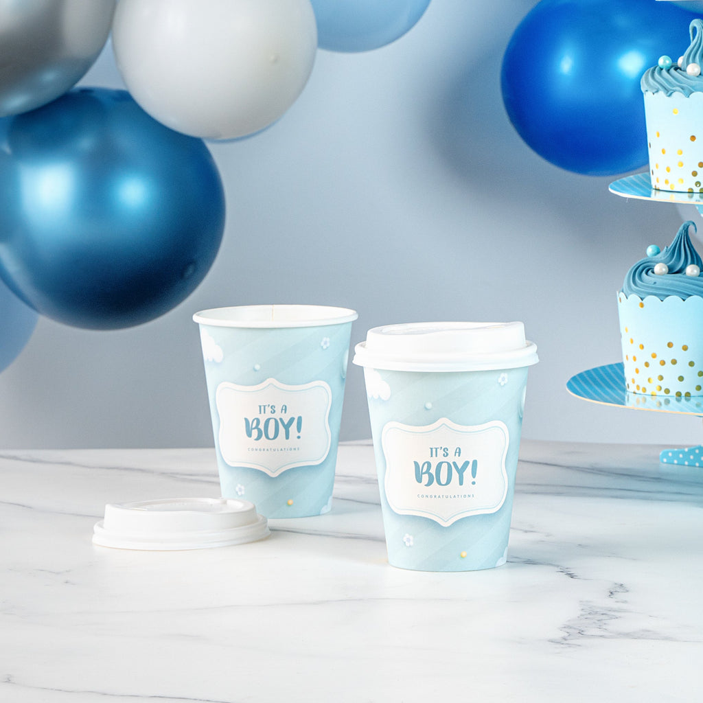 Restpresso 12 oz It's a Boy Paper Single Wall Coffee Cup - with White Lid - 3 1/2" x 3 1/2" x 4 3/4" - 20 count box