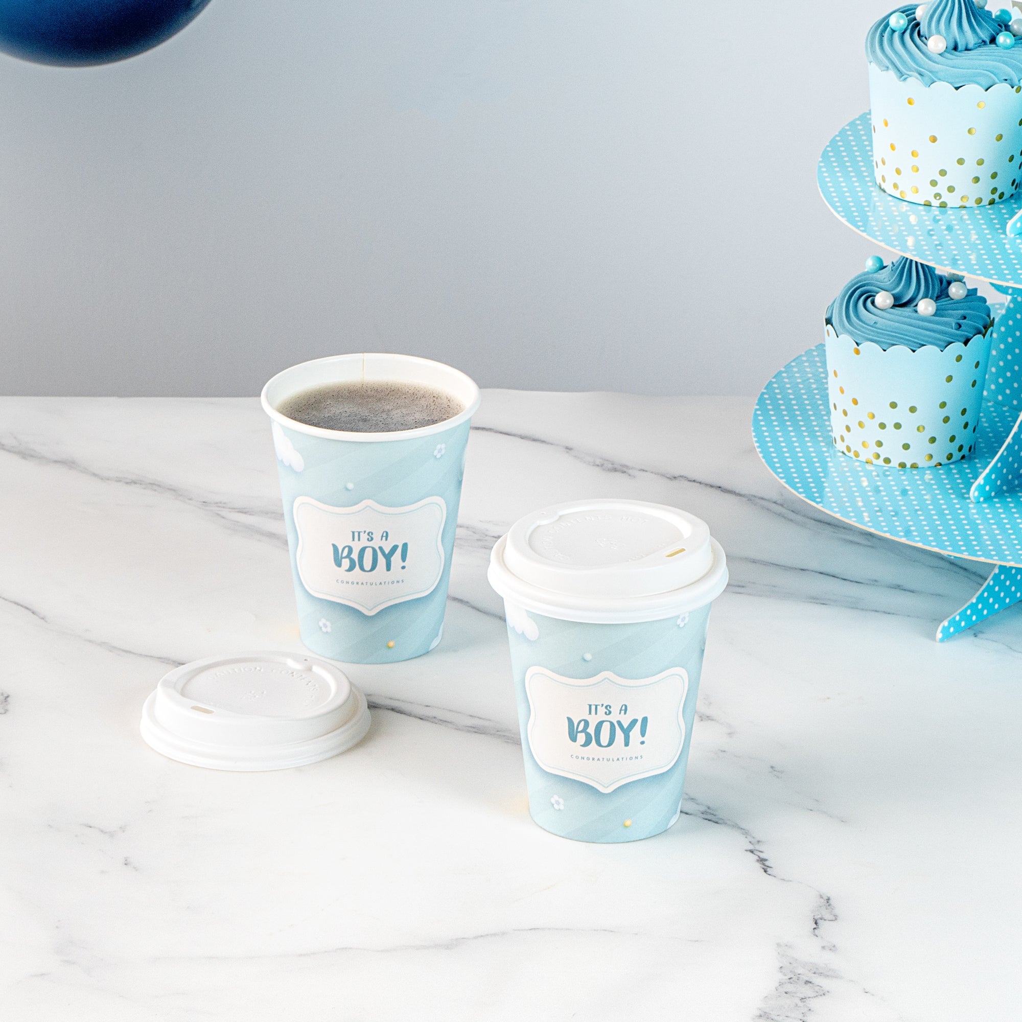Restpresso 12 oz It's a Boy Paper Single Wall Coffee Cup - with White Lid - 3 1/2" x 3 1/2" x 4 3/4" - 20 count box