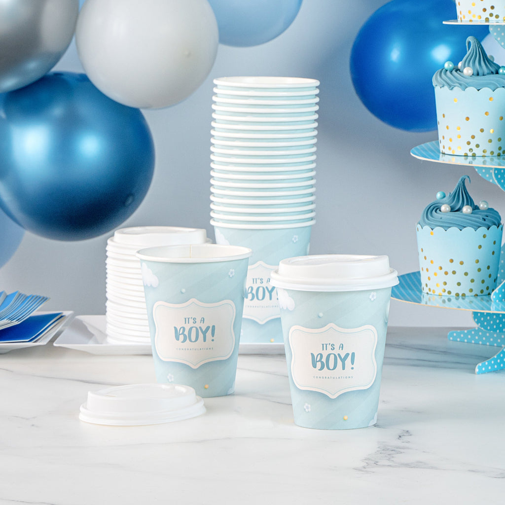 Restpresso 12 oz It's a Boy Paper Single Wall Coffee Cup - with White Lid - 3 1/2" x 3 1/2" x 4 3/4" - 400 count box