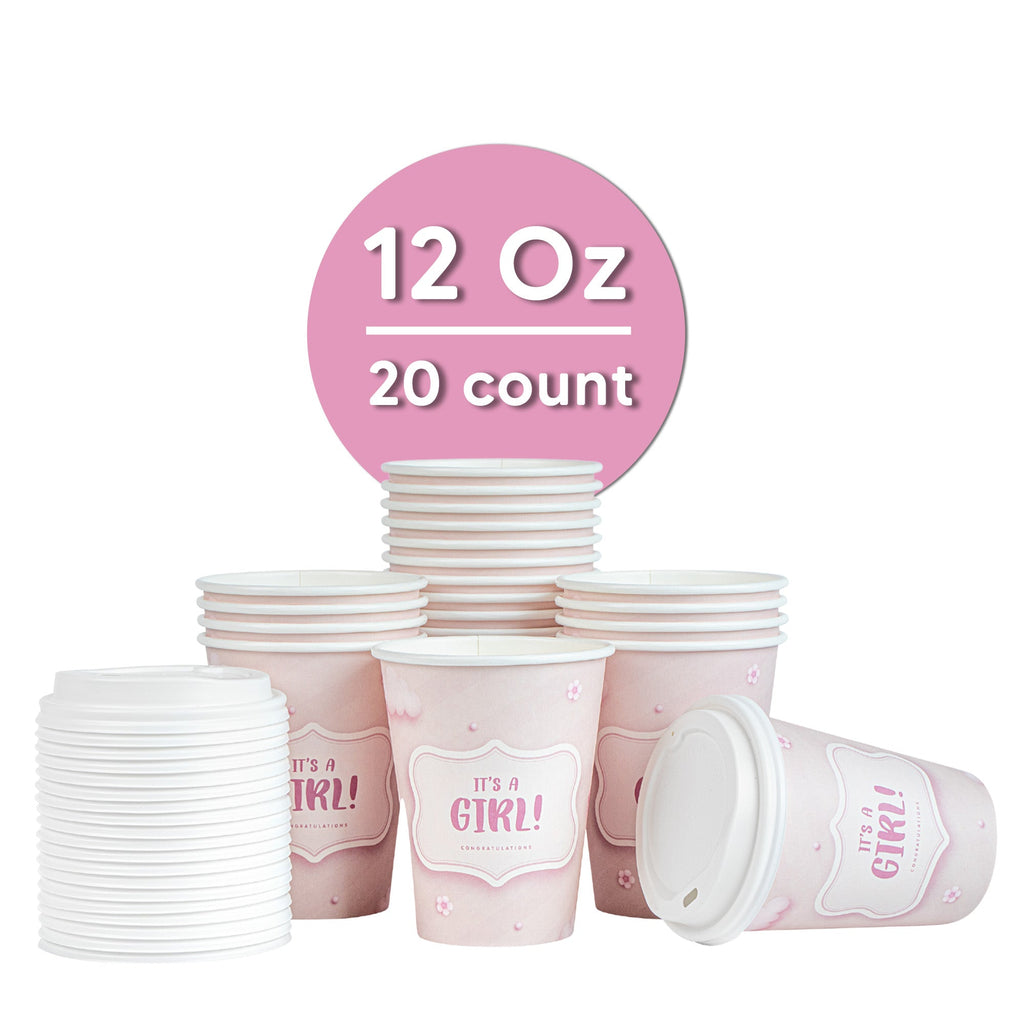 Restpresso 12 oz It's a Girl Paper Single Wall Coffee Cup - with White Lid - 3 1/2" x 3 1/2" x 4 3/4" - 20 count box
