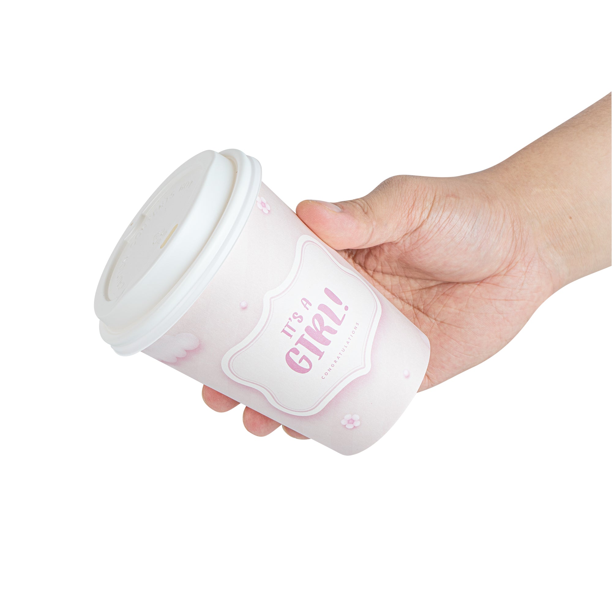 Restpresso 12 oz It's a Girl Paper Single Wall Coffee Cup - with White Lid - 3 1/2" x 3 1/2" x 4 3/4" - 20 count box